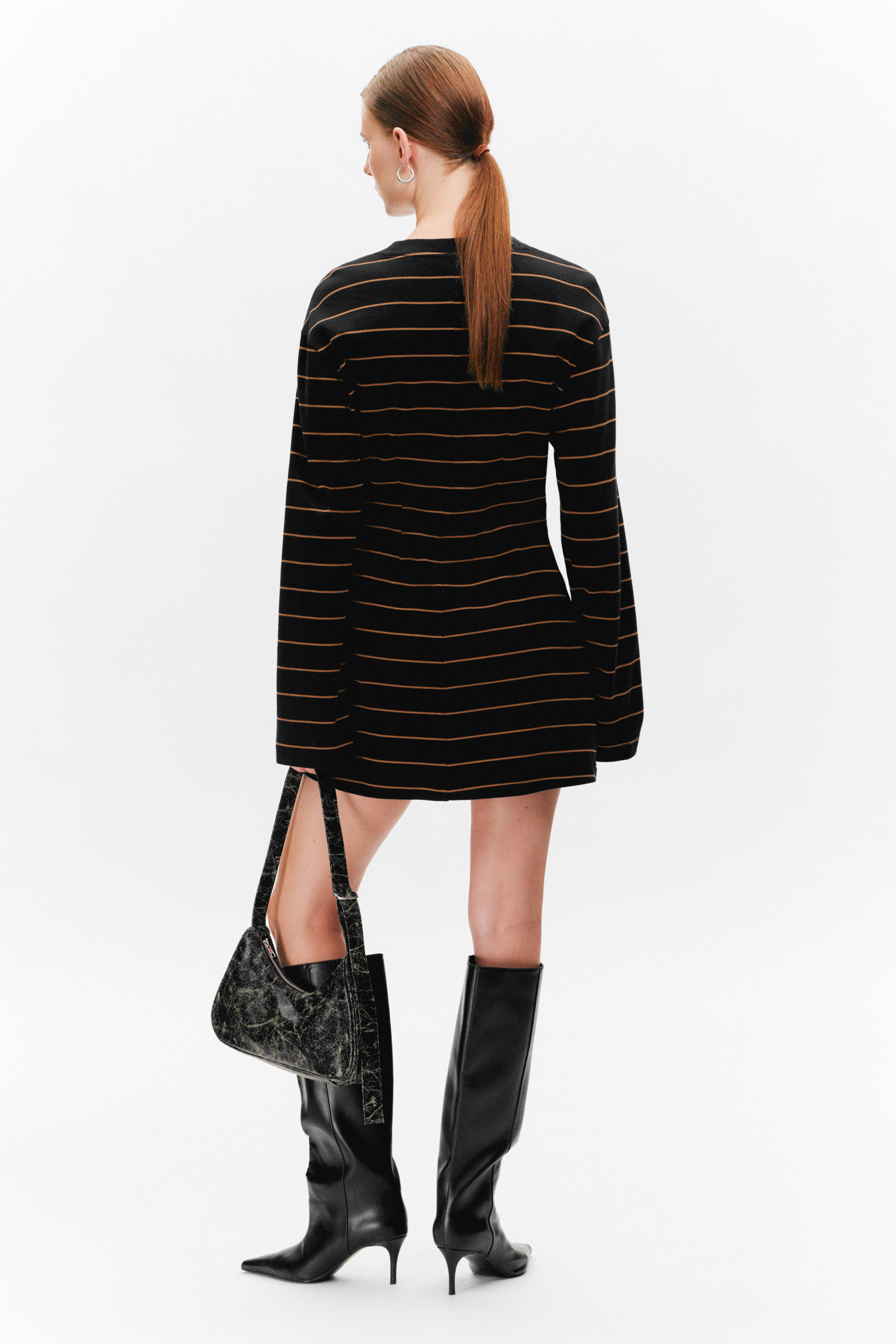 Striped Black - Long-Sleeved Cotton Mini Dress - 3
