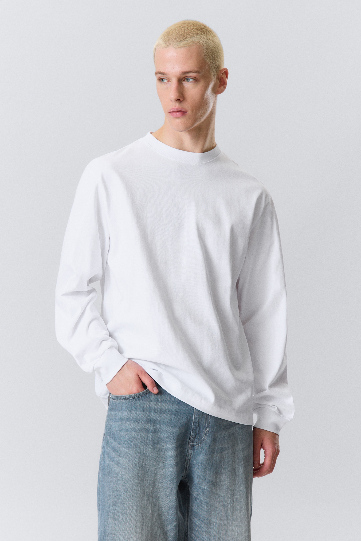 T-shirt de algodão de manga comprida descontraída - Branco/Preto - 1