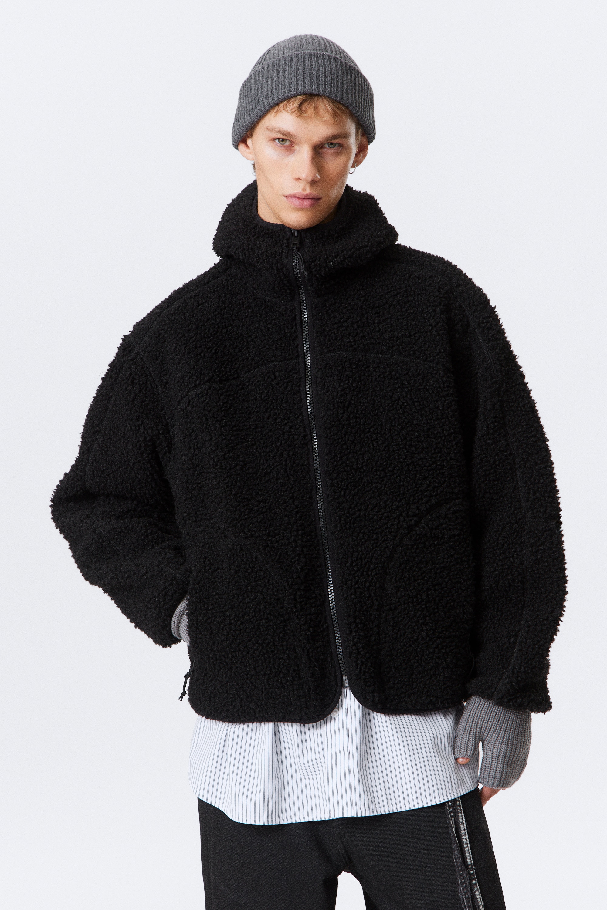 Giacca in pile con cappuccio - Nero