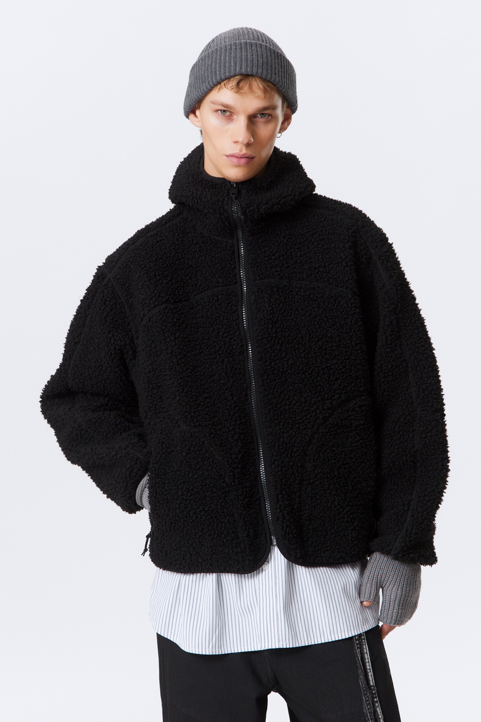 Hooded Pile Jacket - Black