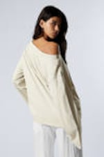 Light Beige - Compassion - Long-Sleeved Boat-Neck Printed Cotton Top - 3