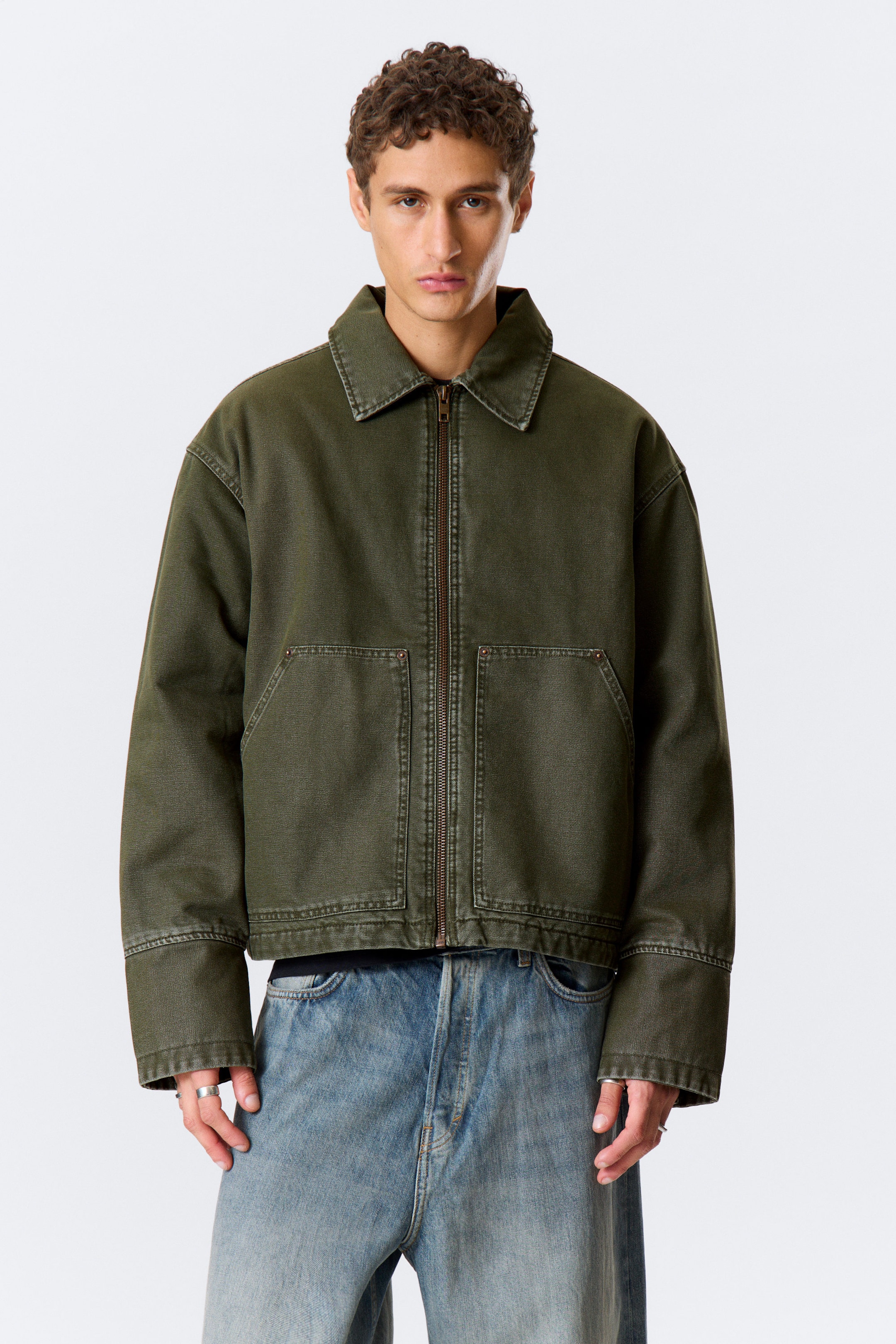 Dark Khaki Green - Relaxed Washed Utility Jacket - 1
