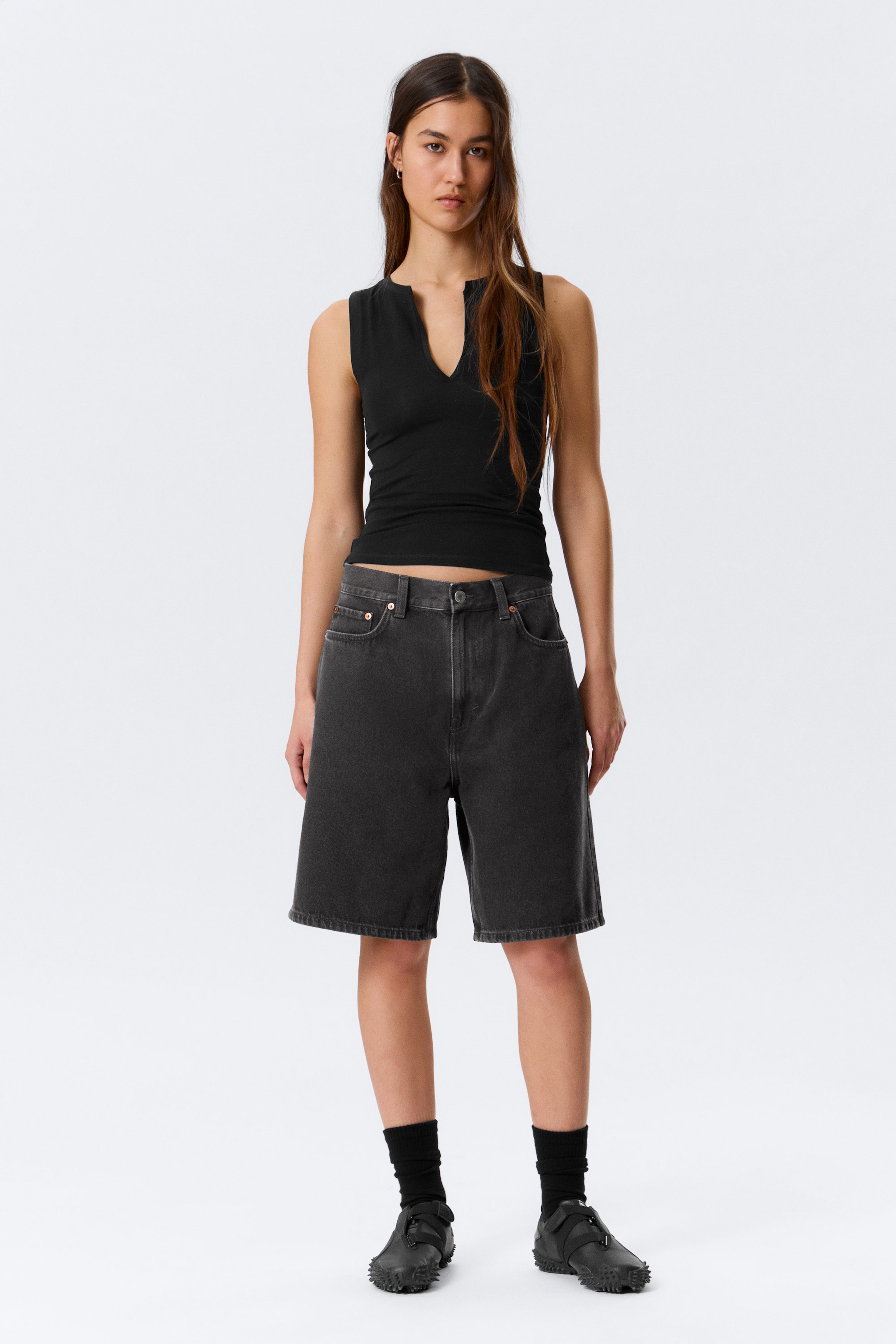 Tuned Black - Galaxy Mid Rise Loose Denim Shorts - 1