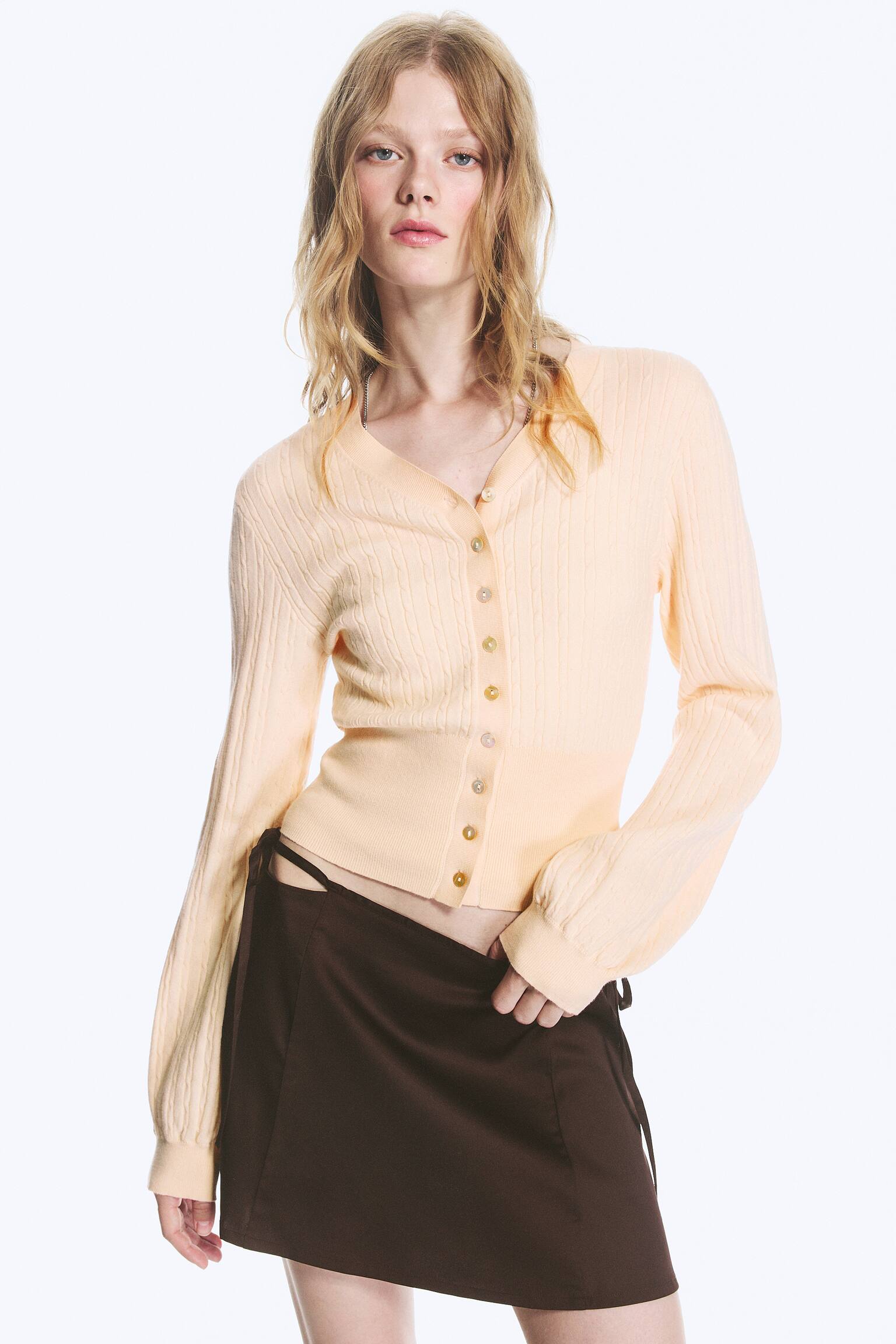 Strikket cardigan med v-hals - Beige/Mole - 1