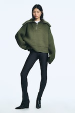Khaki Green - Knitted Funnel Neck Dual Zip Sweater - 1
