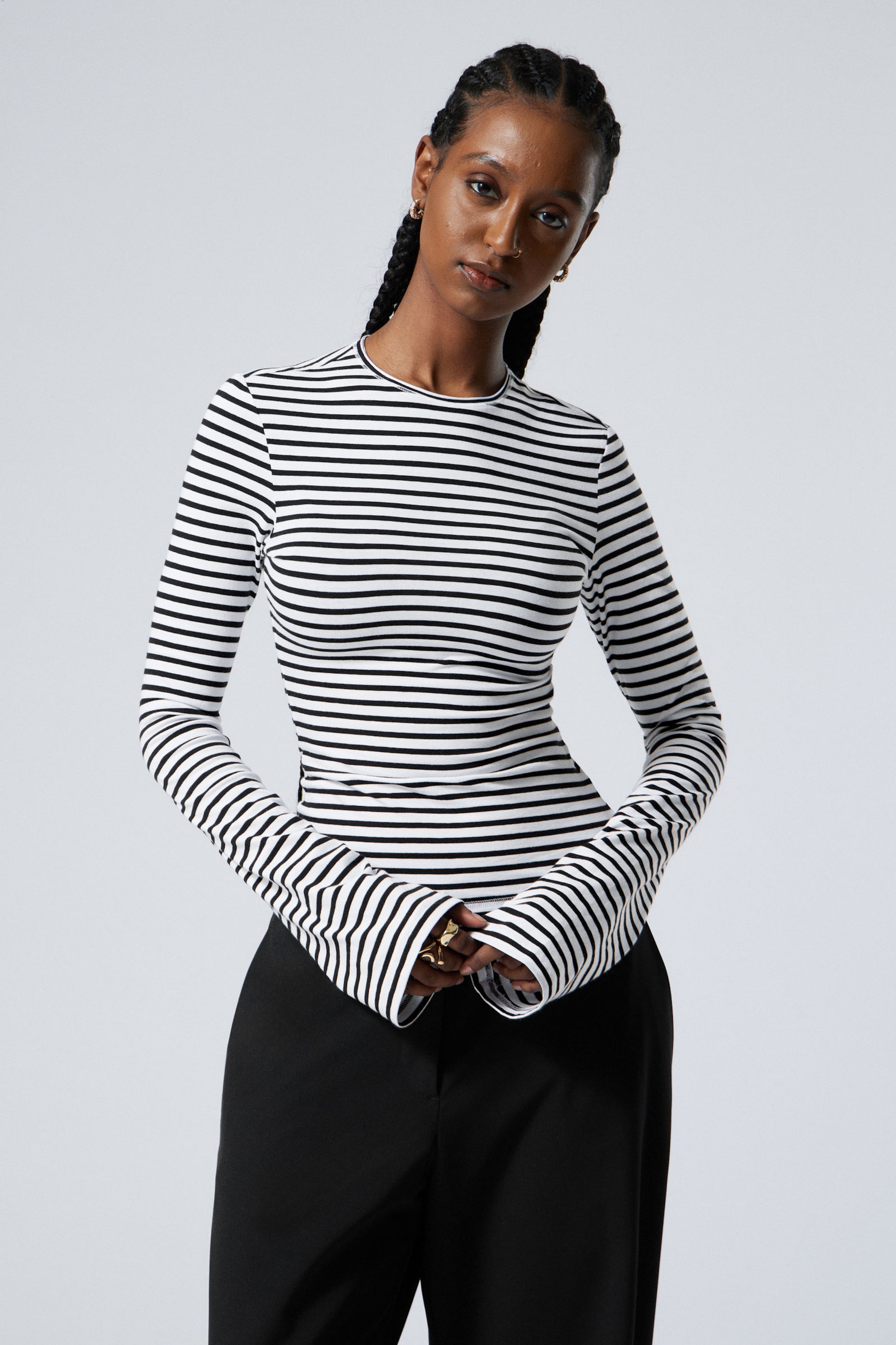 White - Black Stripes - Long Sleeve Cotton Top - 1