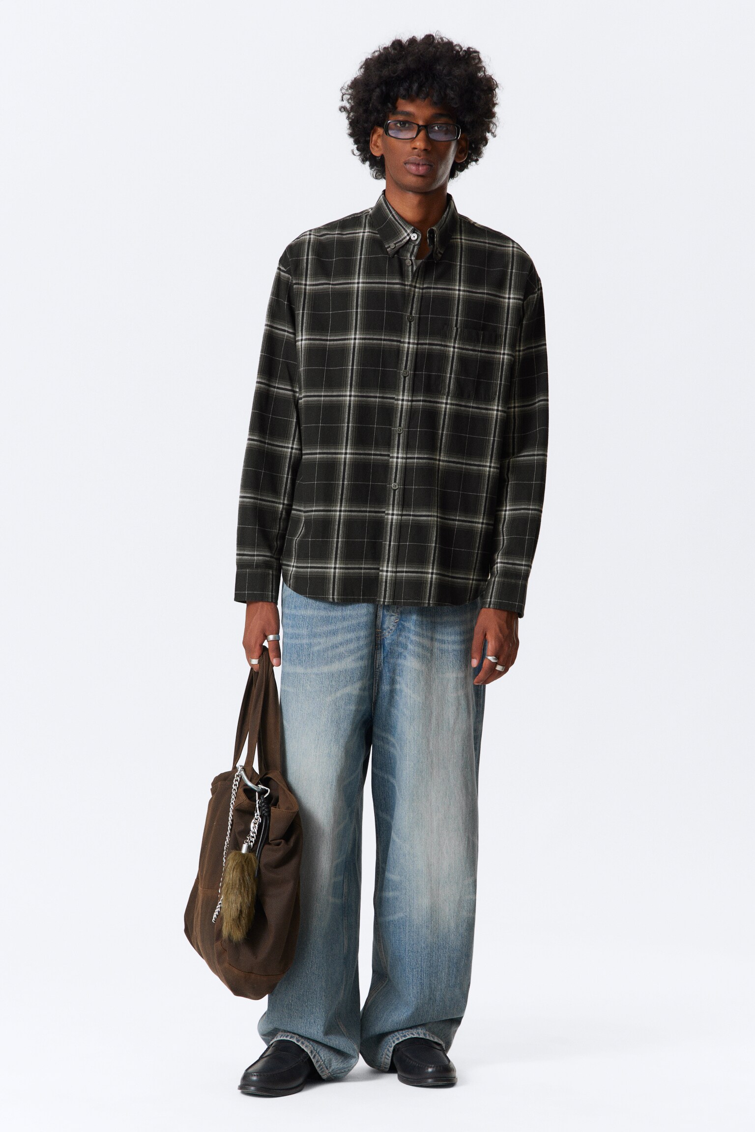 Loose Fit Checked Flannel Shirt - Black Checked