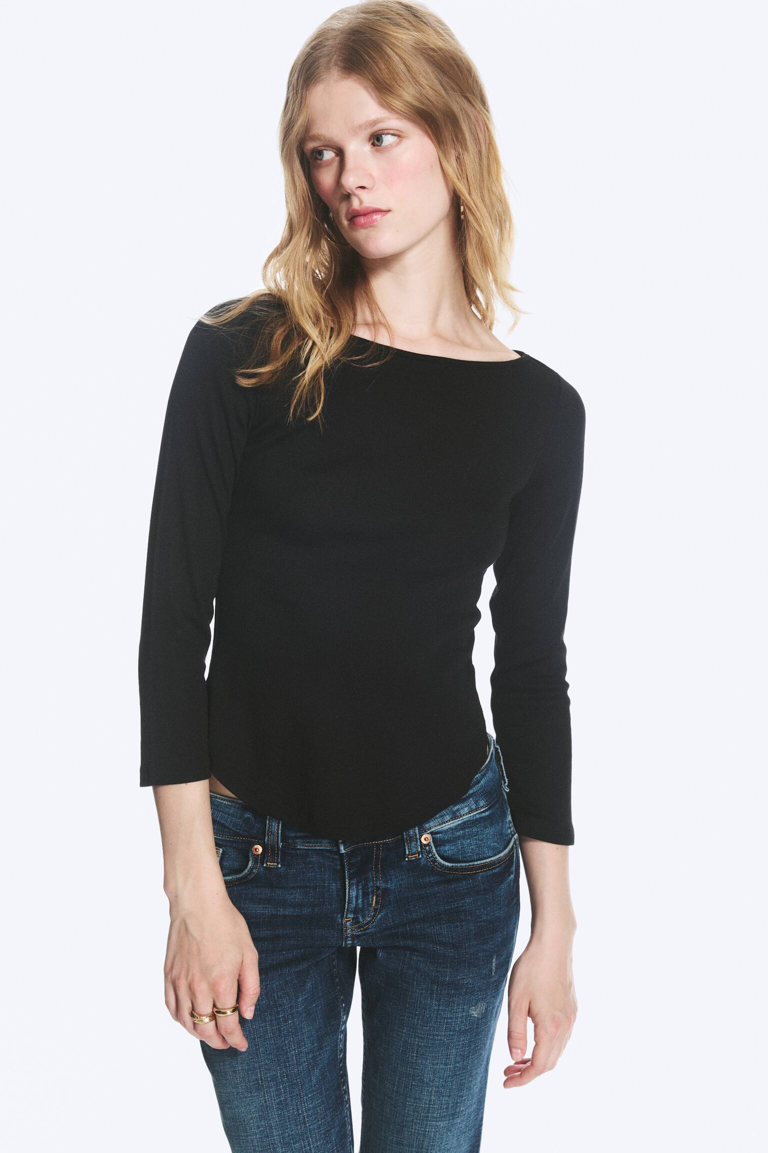 Boatneck  top with three‑quarter sleeves - Black/Dusty Light Blue/Dusty Light Pink - 1