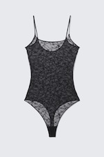 Black - Lace Thong Bodysuit - 1