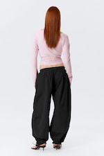 Black - Low Rise Ruched Drawstring Trousers - 3