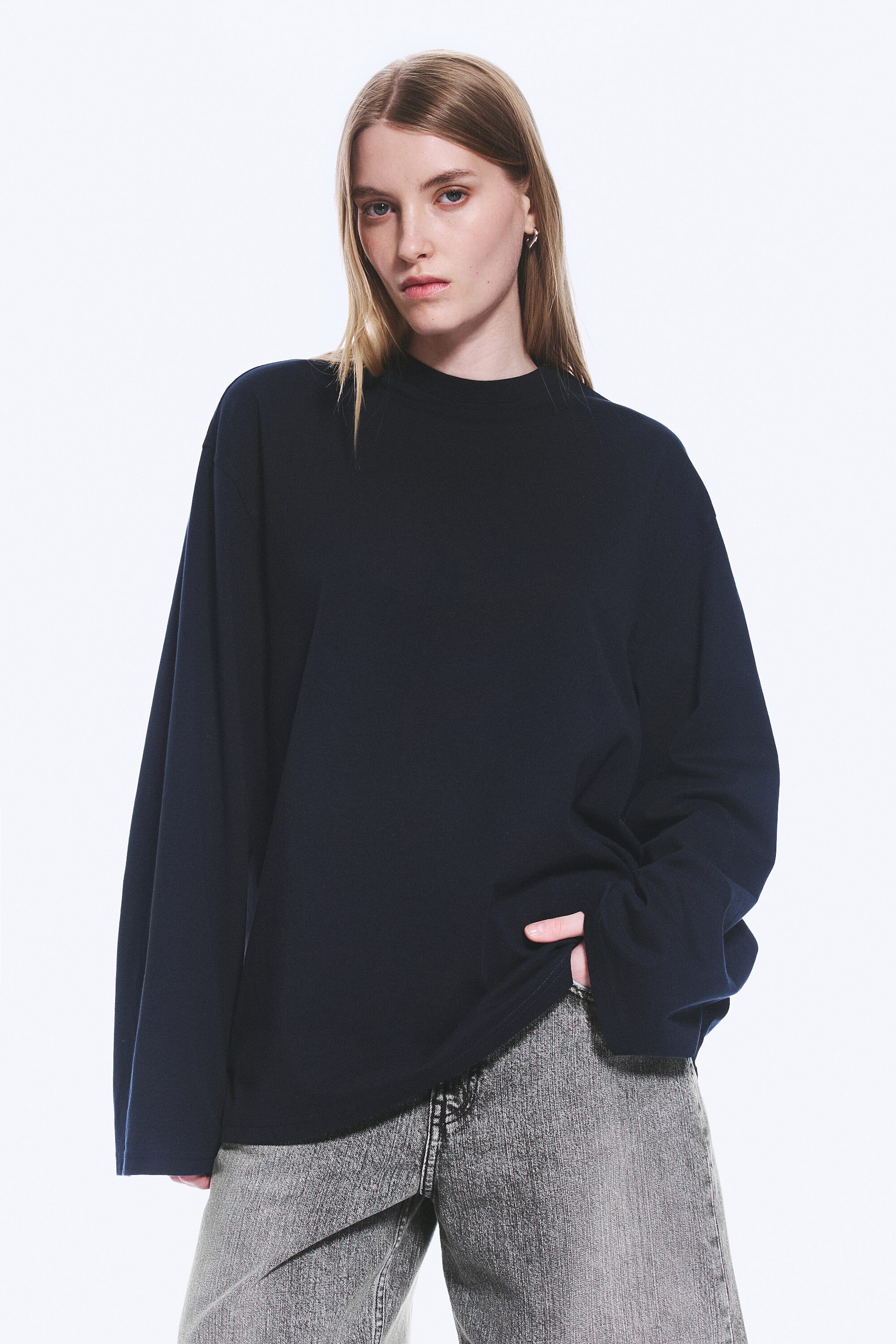 Dark Navy Blue - Oversized Long Sleeve T-shirt - 1