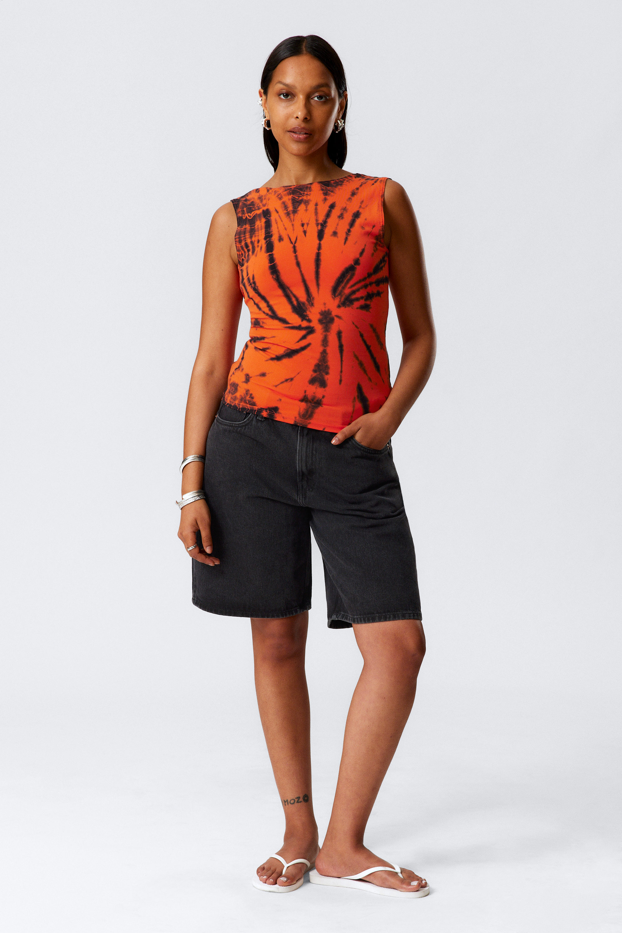 Bright Orange Tie-Dye - Open Back Boat-Neck Tank Top - 2