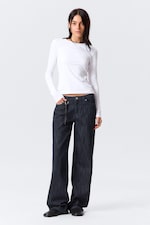Slub Rinse - Dark Blue - Ample Mid Rise Loose Wide Leg Jeans - 0