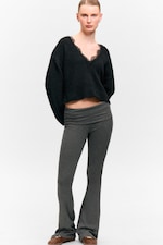 Dunkelgrau - Ausgestellte, gerippte Hose mit niedriger Taille - 0