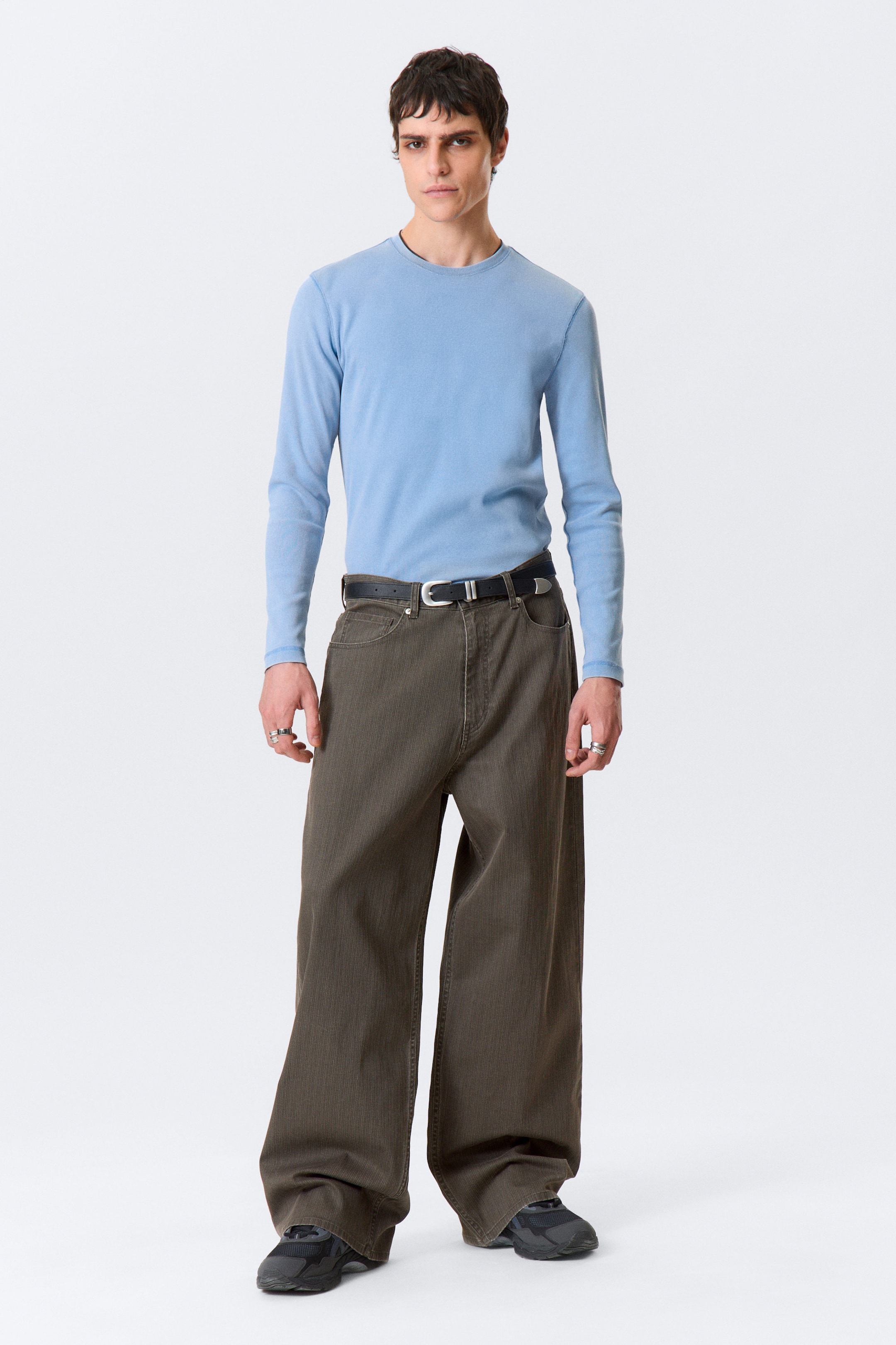 Dark Brown - Astro Mid Rise Loose Baggy Leg Structured Trousers - 1