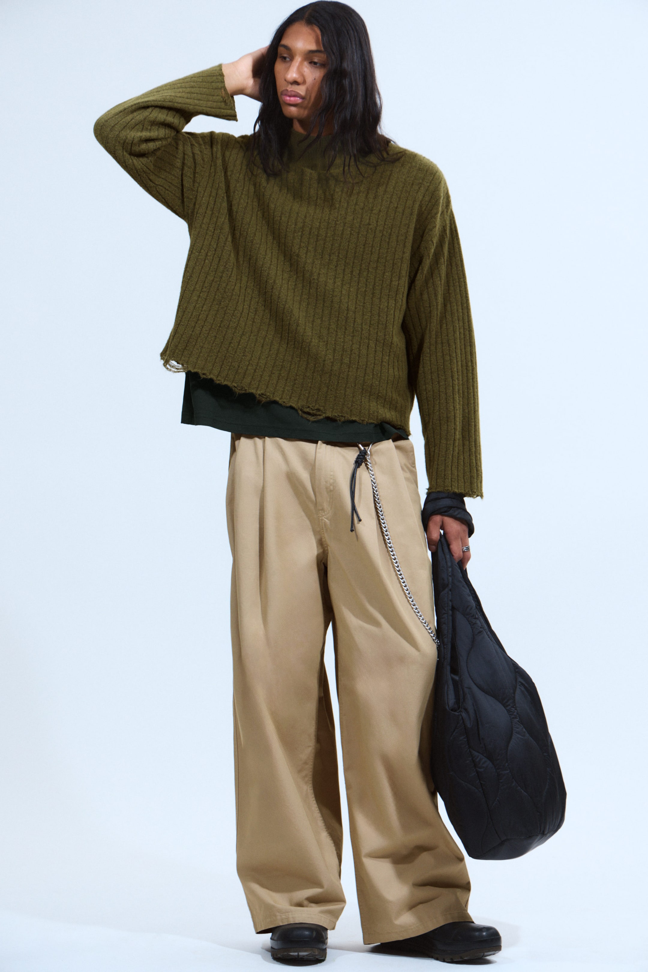 Dark Green - Distressed Ribbed Mock-Neck Sweater - 2