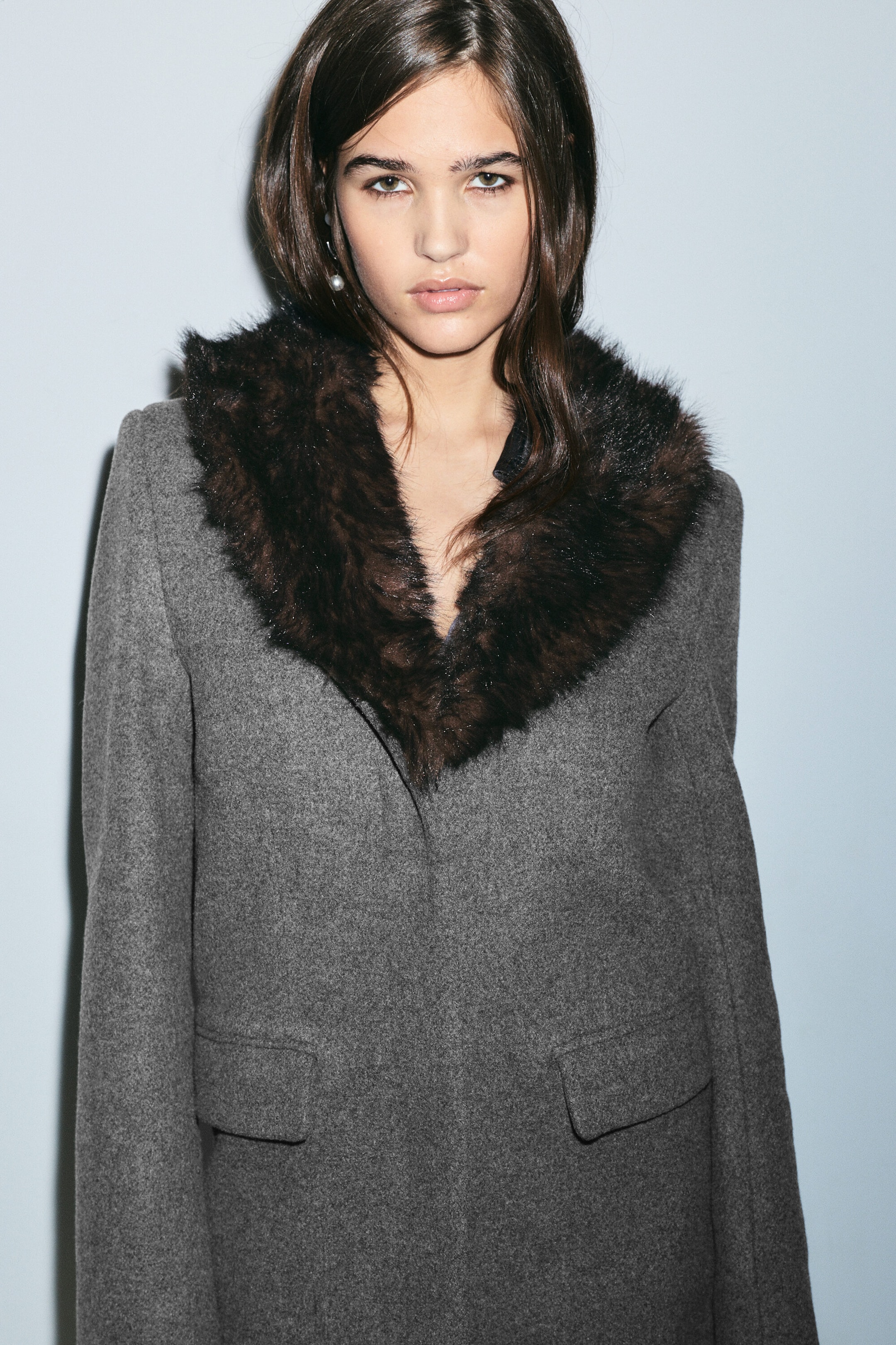 Grey - Fitted Wool-Blend Coat with Faux Fur Collar - 1