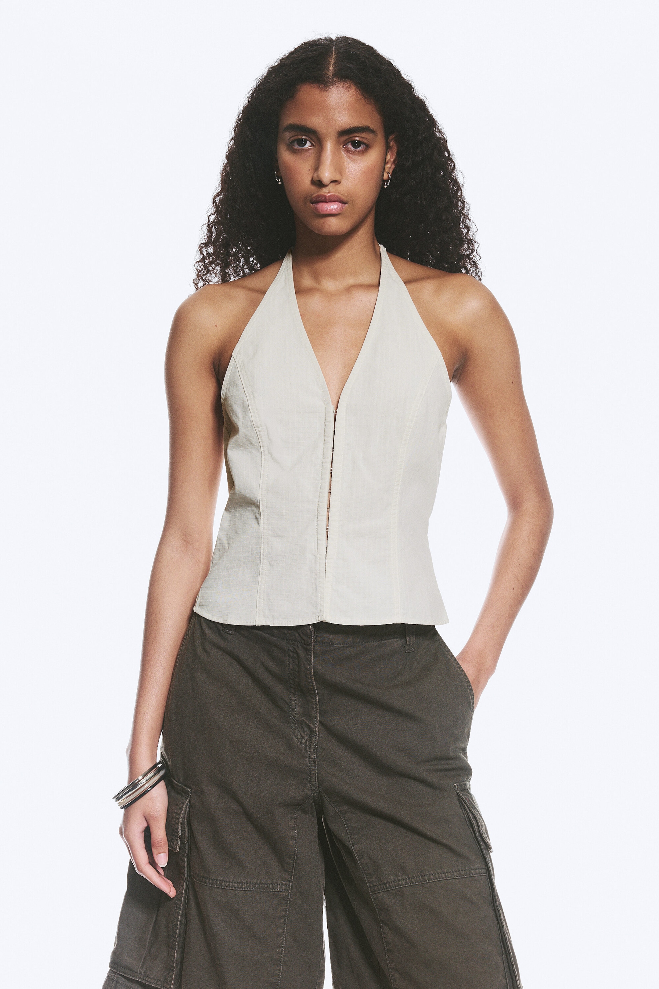 Light Beige - Ripstop Halter V-neck Top - 1