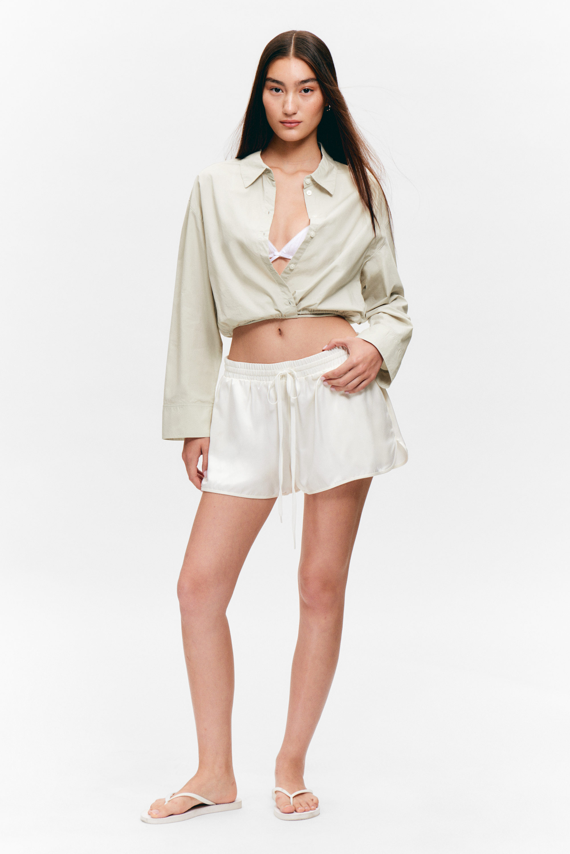 Light Green - Cropped Cotton Poplin Drawstring Night-Shirt - 1