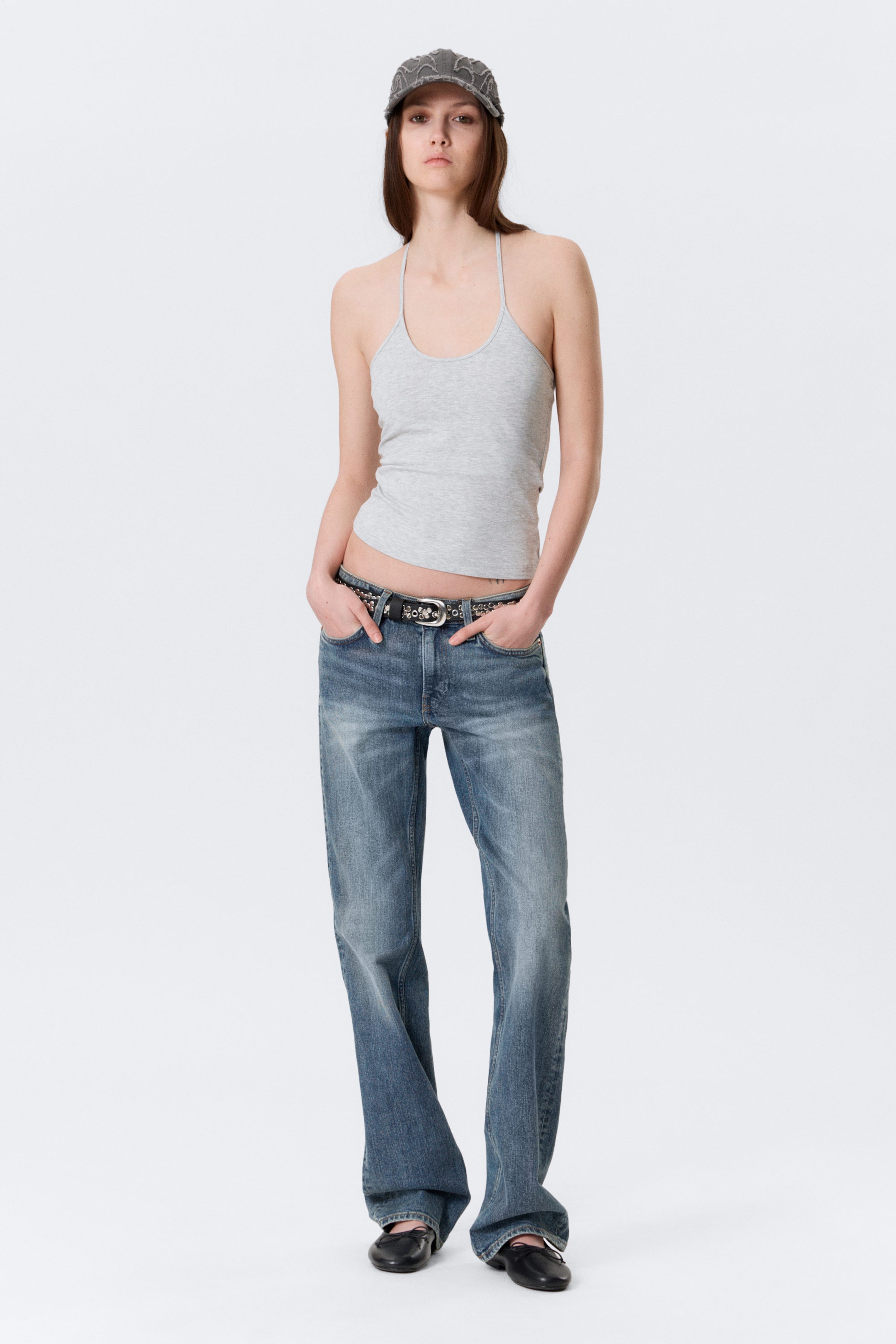 Grau meliert - Schmal geschnittenes Neckholder-Top aus Baumwolle - 1