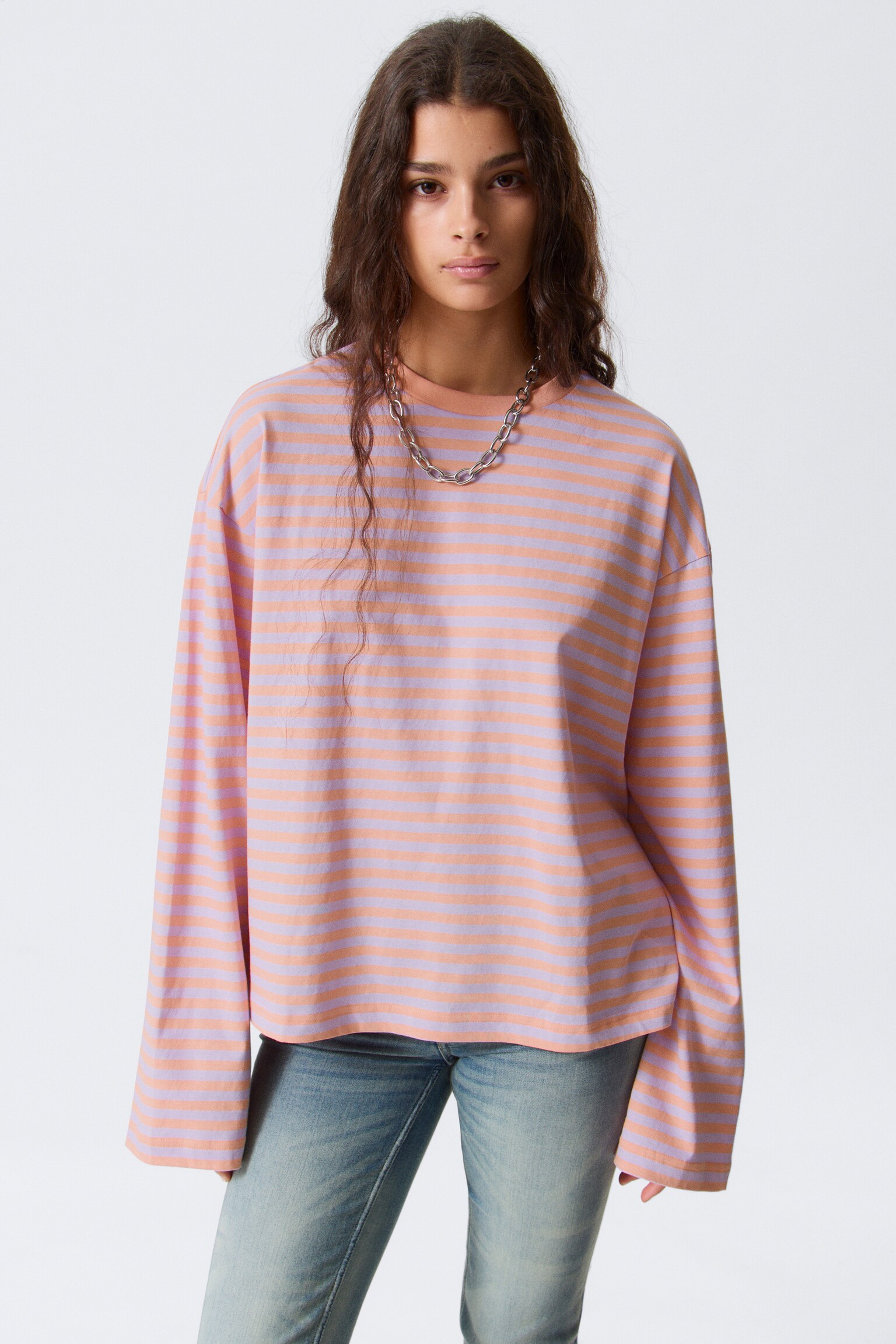 Longsleeve-Shirt aus Baumwolle - Koralle/Lila gestreift/Blau/braun gestreift/Gestreiftes Türkis/Staubweiß - Braune Streifen/Rot & pink gestreift - 1