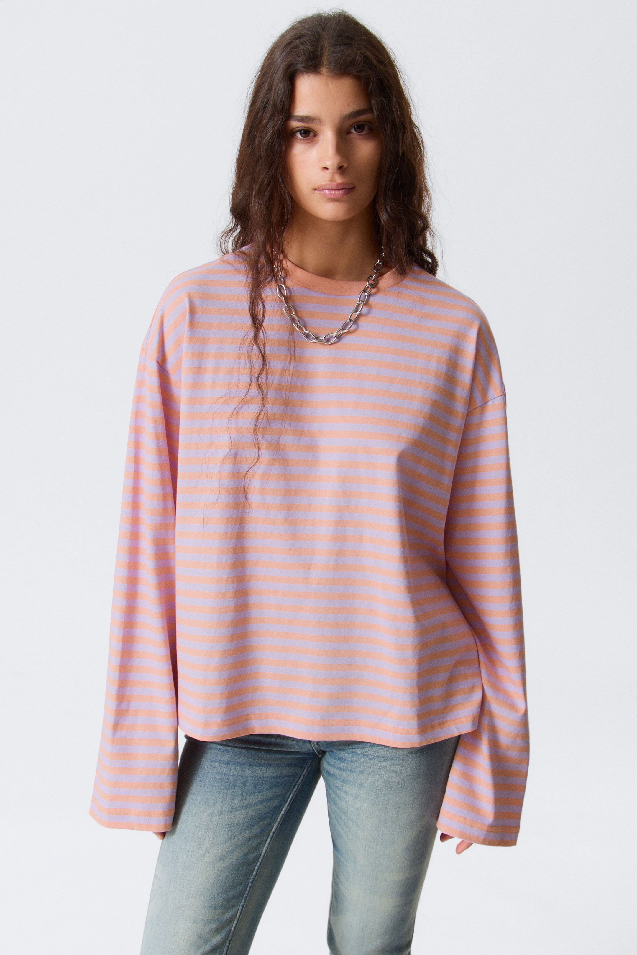 Koralle/Lila gestreift - Longsleeve-Shirt aus Baumwolle - 1