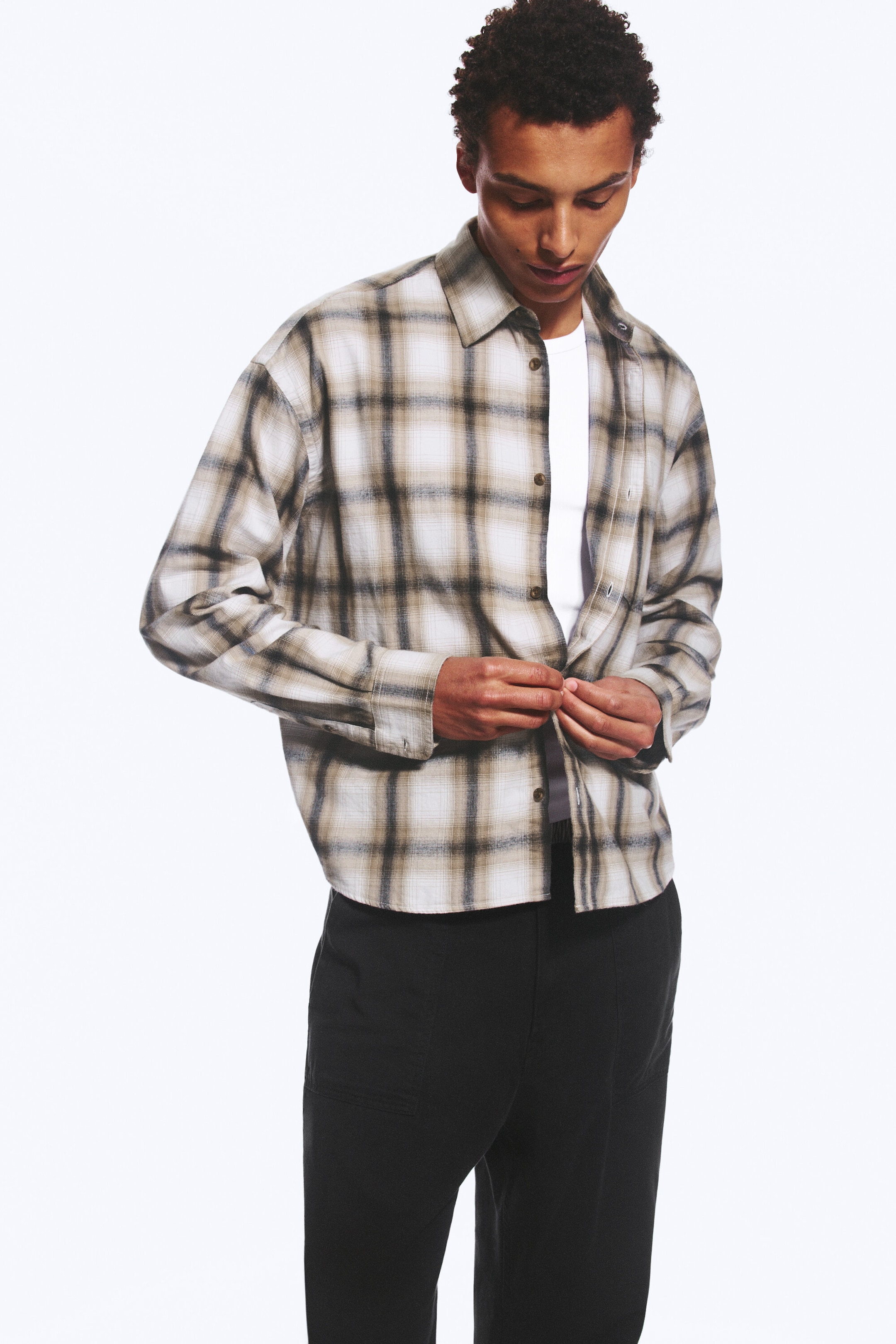 Beige Check - Loose Boxy Flannel Shirt - 1