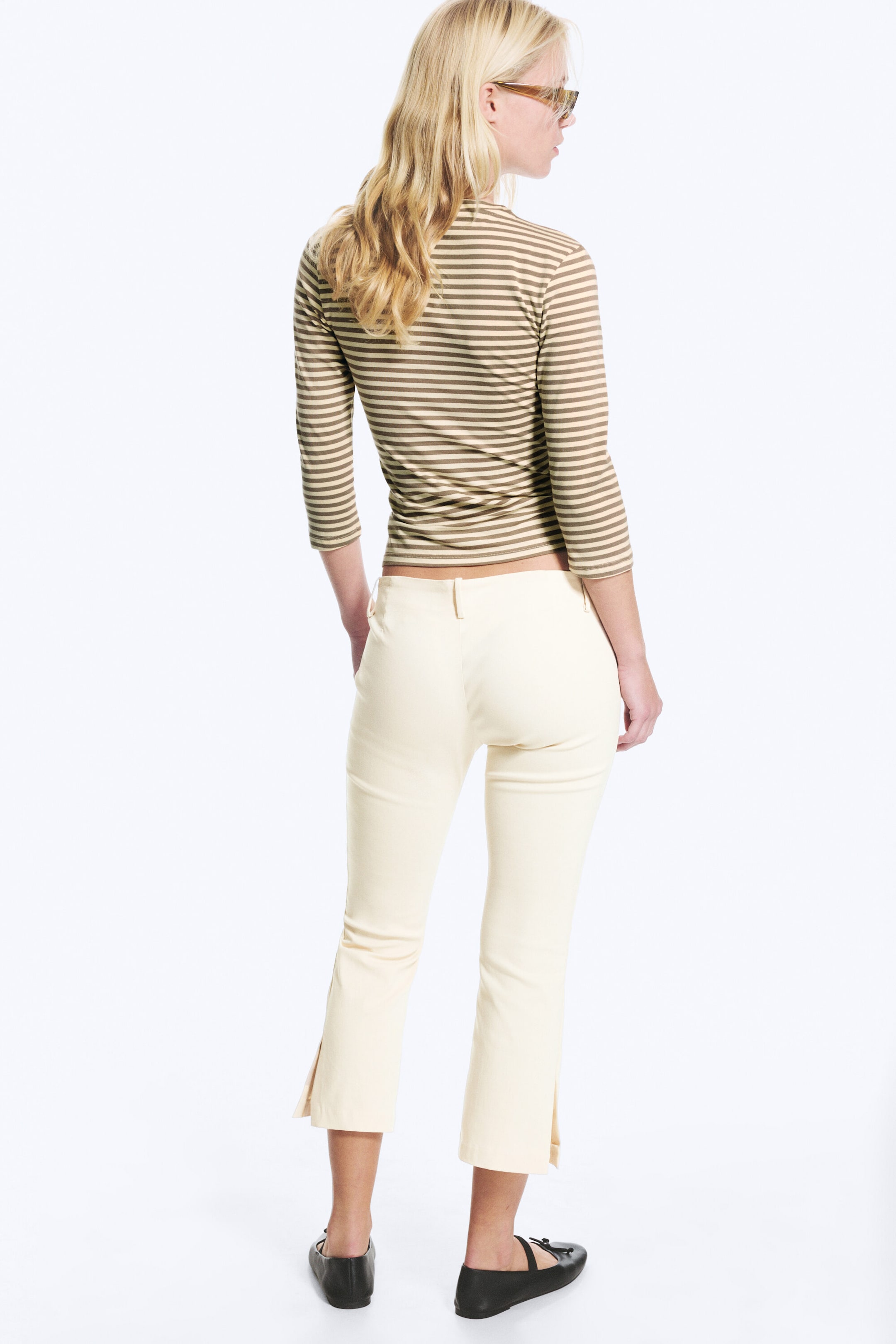 Striped Yellow/Mole - Round Neck Three-Quarter Sleeve Top - 2