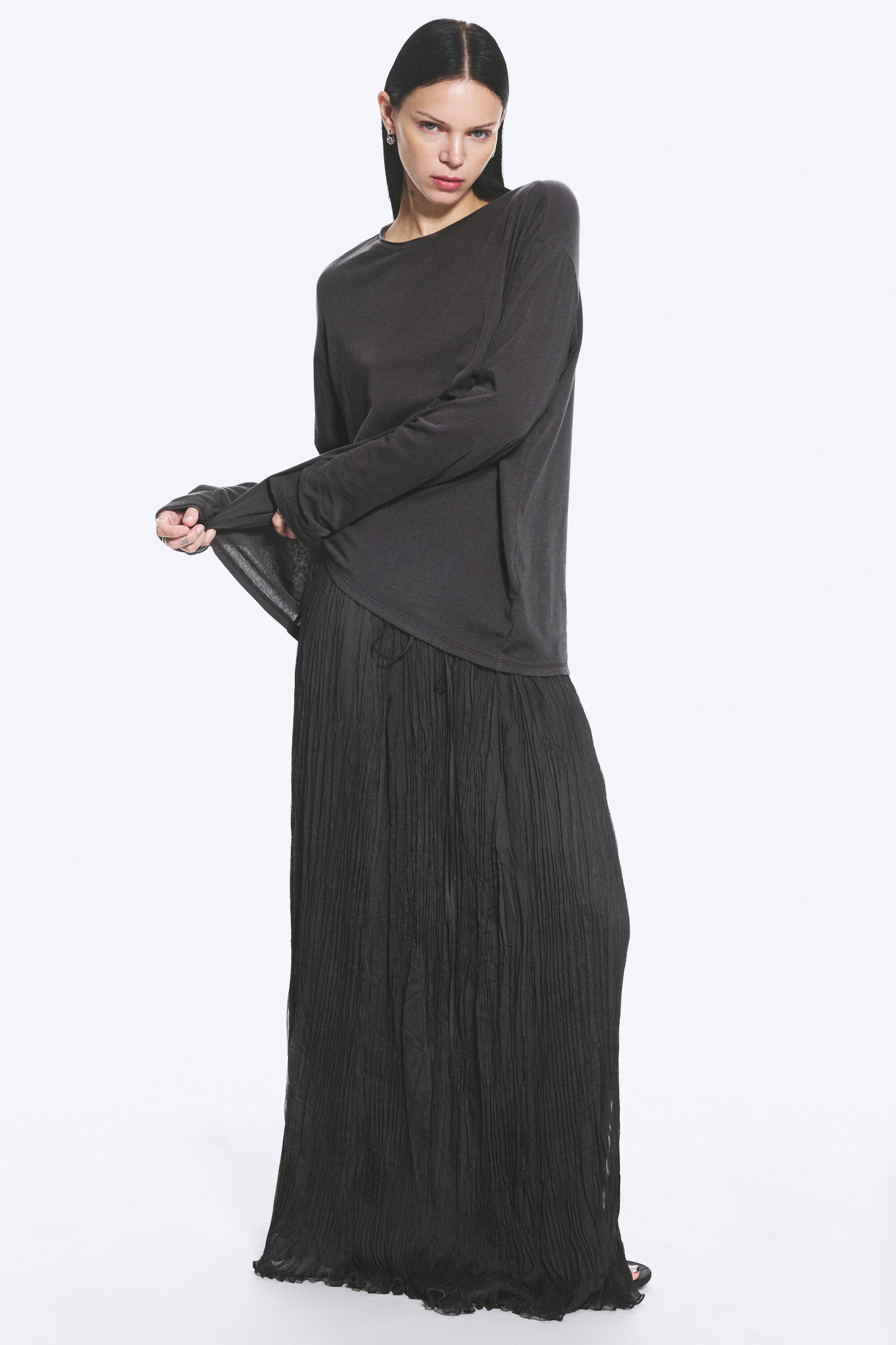 Dark Grey - Loose Long-Sleeved T-Shirt - 2