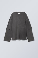 Gebleekt zwart met wassing - Oversized top met dubbele lange mouwen - 0