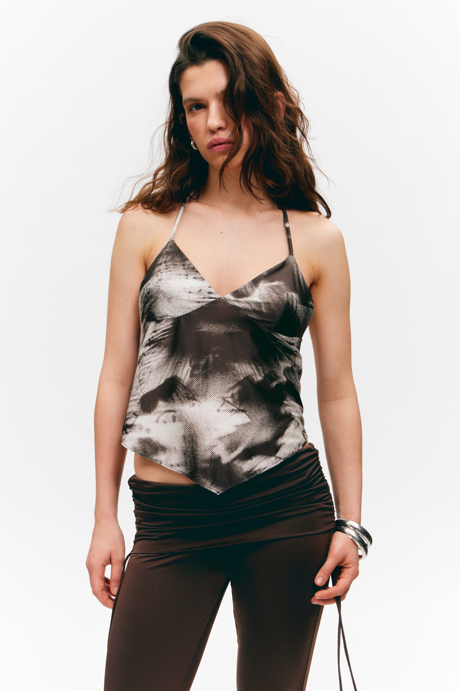Cropped Printed Halterneck Top - Brown - Abstract Floral/Brown & Green Floral Dots