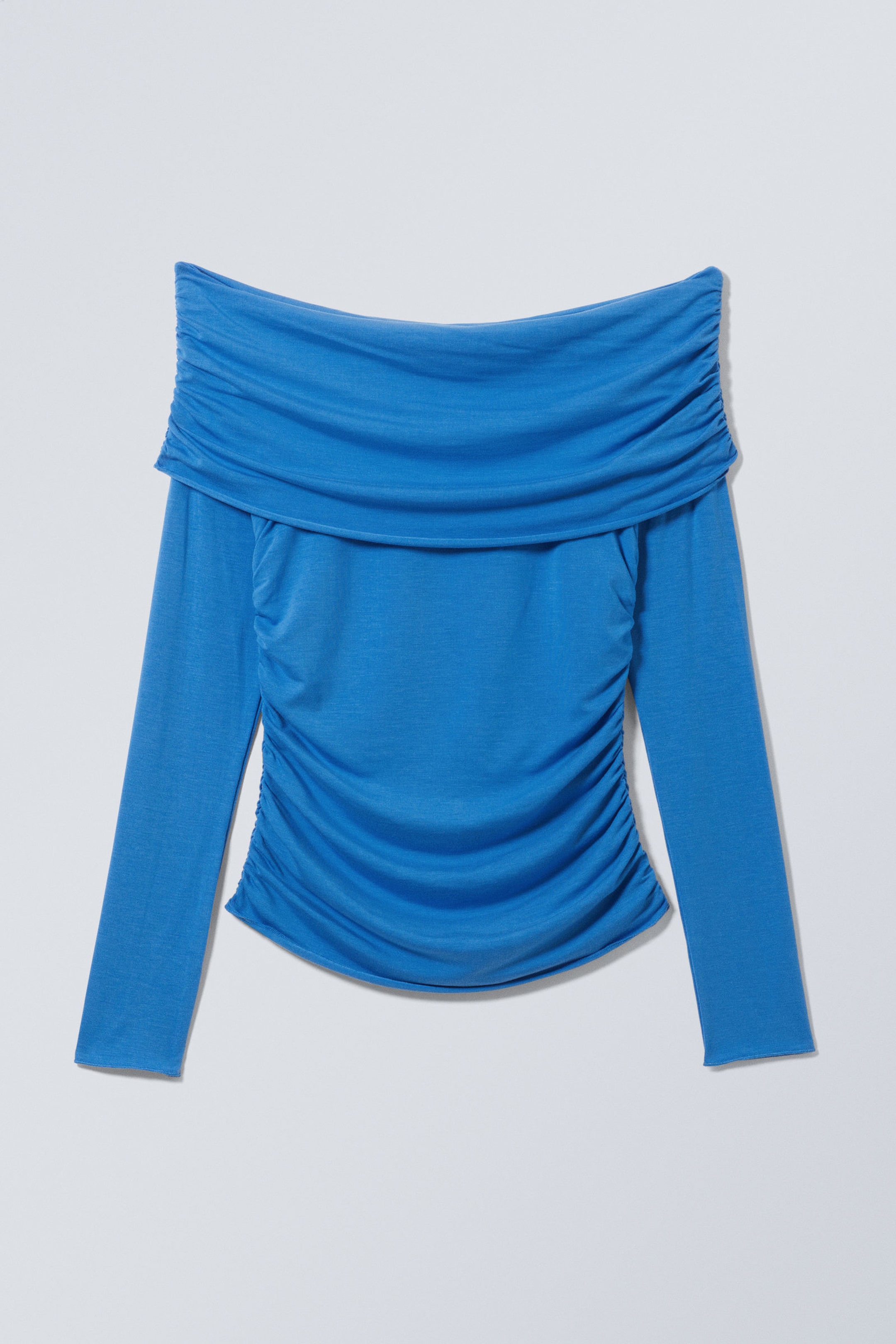 Blue - Folded Off Shoulder Long Sleeve Top - 1