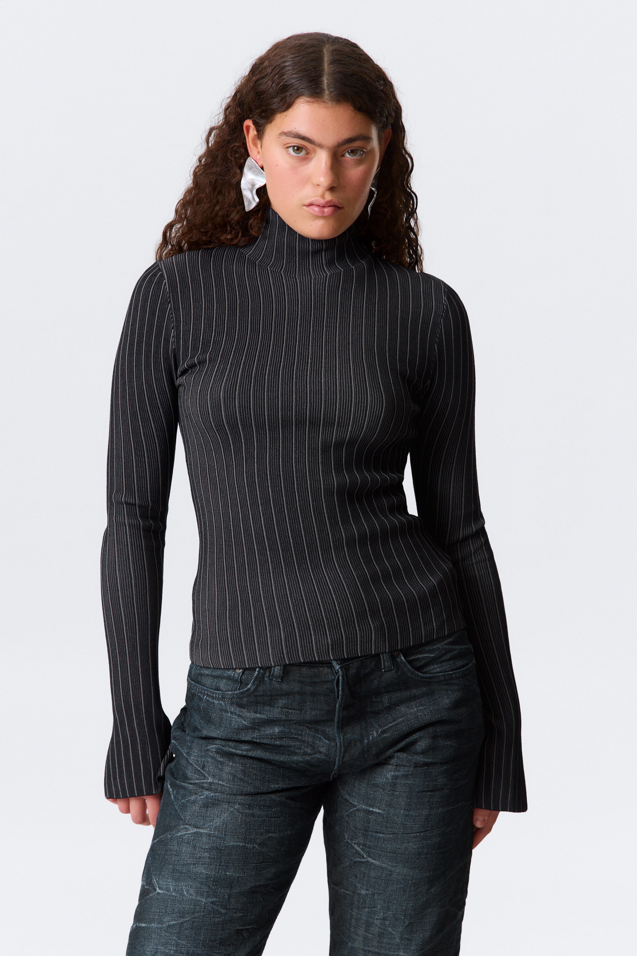 Dark Blue Stripe - Ribbed Fitted Turtleneck - 1