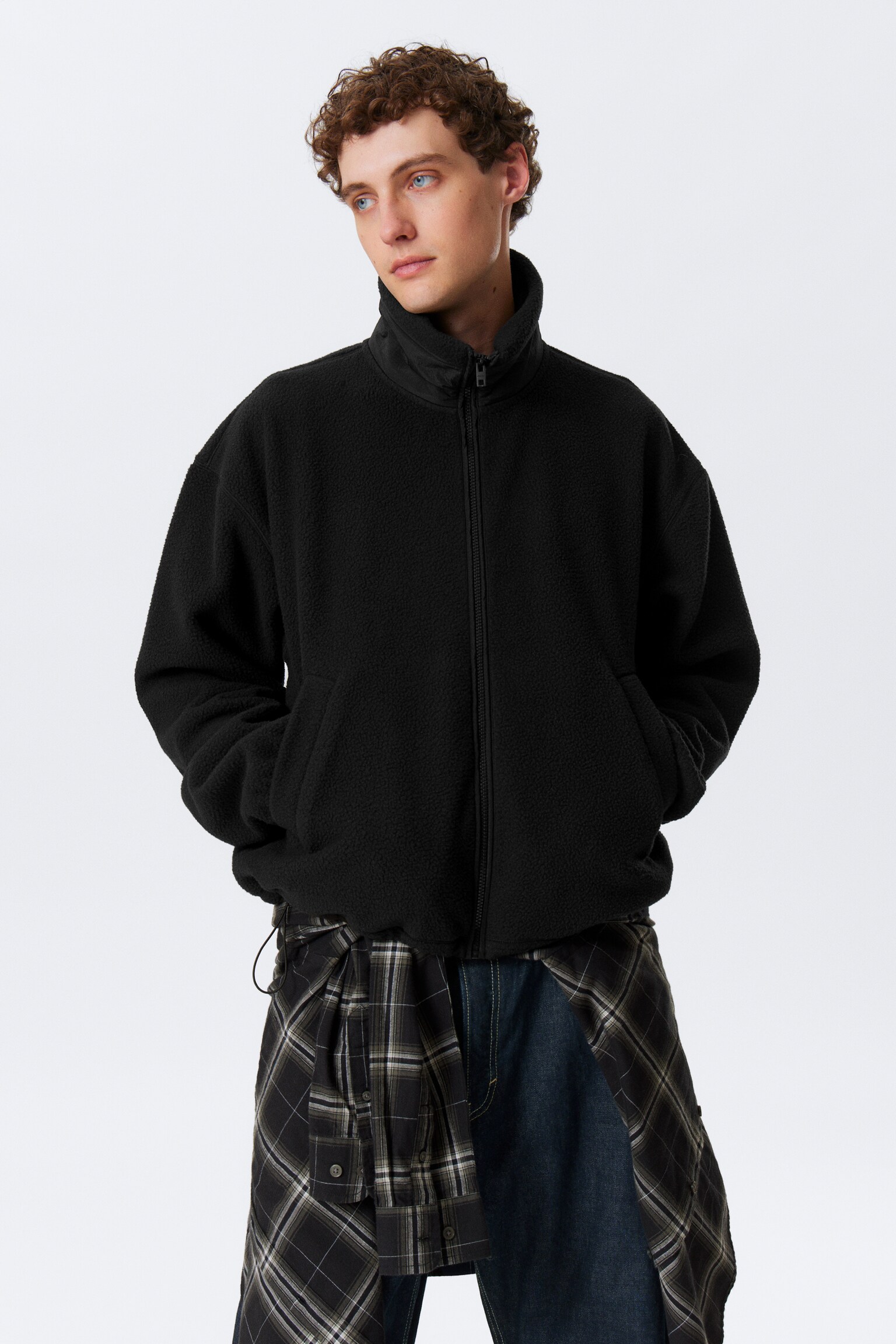 Loose Fit Zip Fleece Jacket - Black/White/Marbled Green