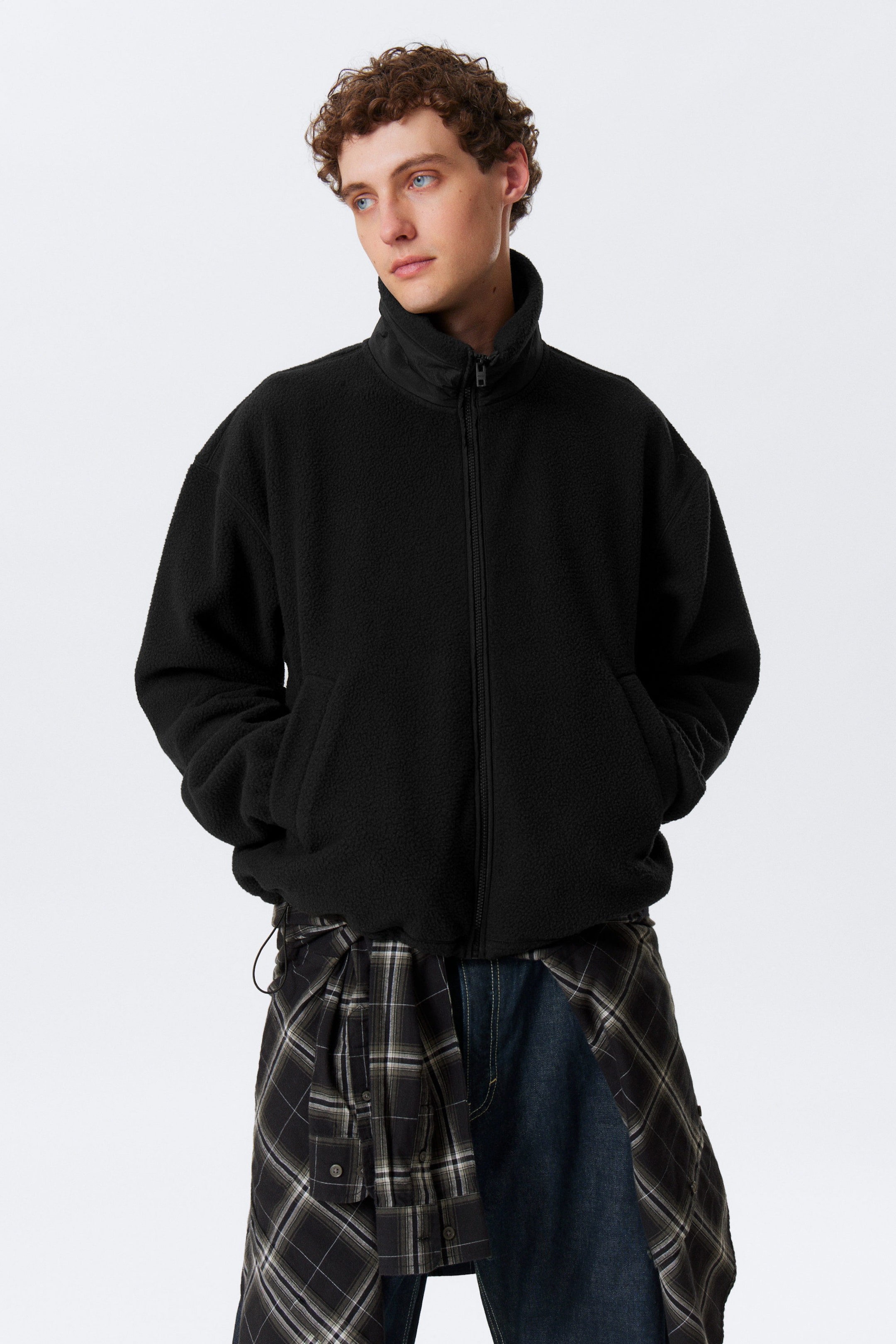 Black - Loose Fit Zip Fleece Jacket - 1