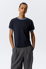 Dark Blue - Light Blue Binding - Short-Sleeved Contrast Trim Cotton T-shirt - 0