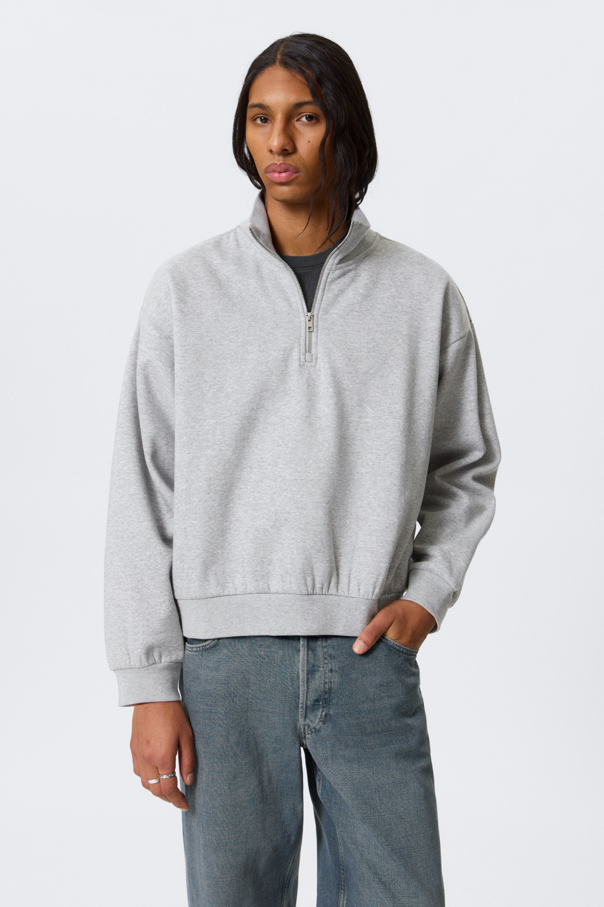 Grey - Loose Half Zip Sweatshirt - 1