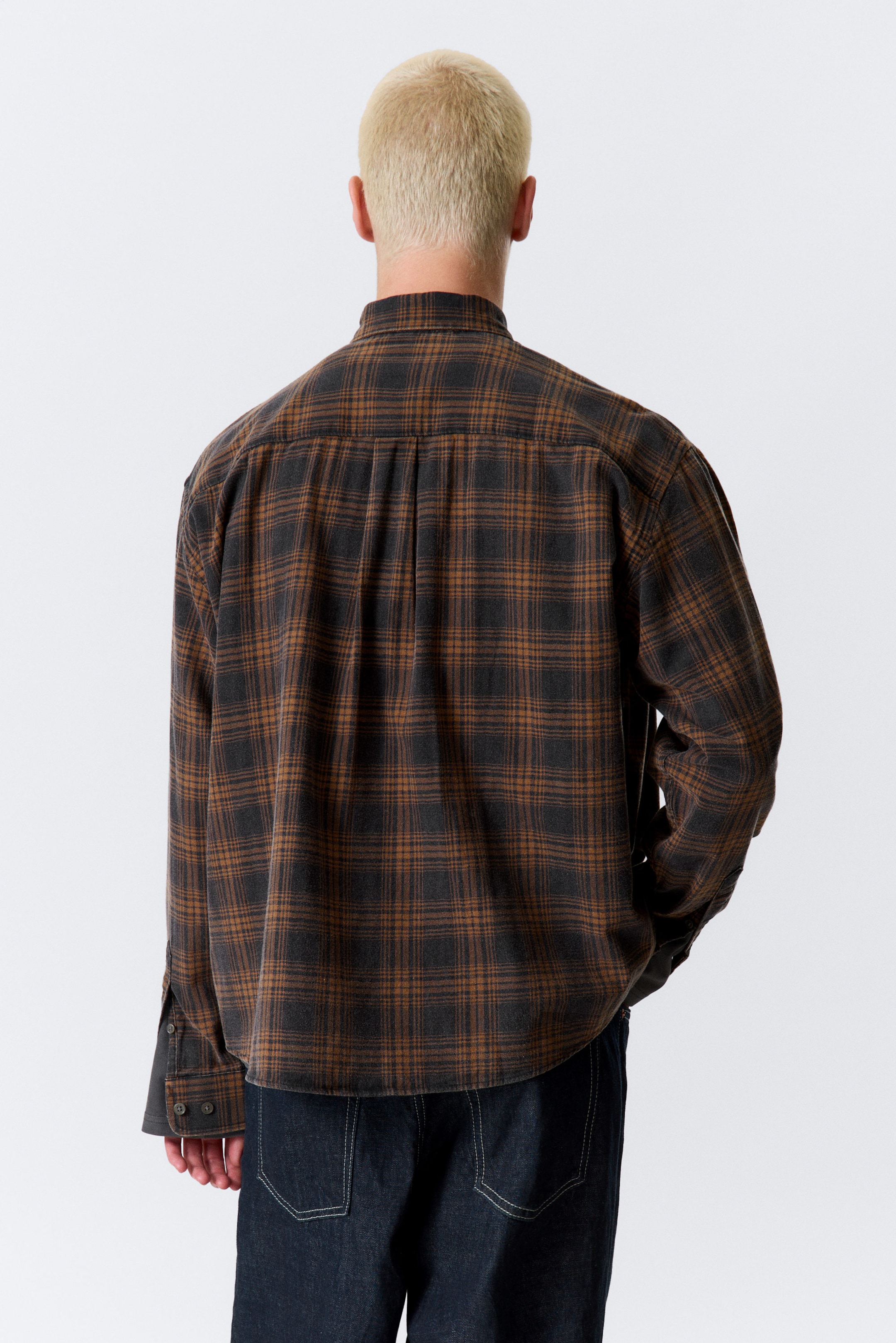 Checked Washed Navy/Orange - Washed Checked Button-Down Flannel Shirt - 3