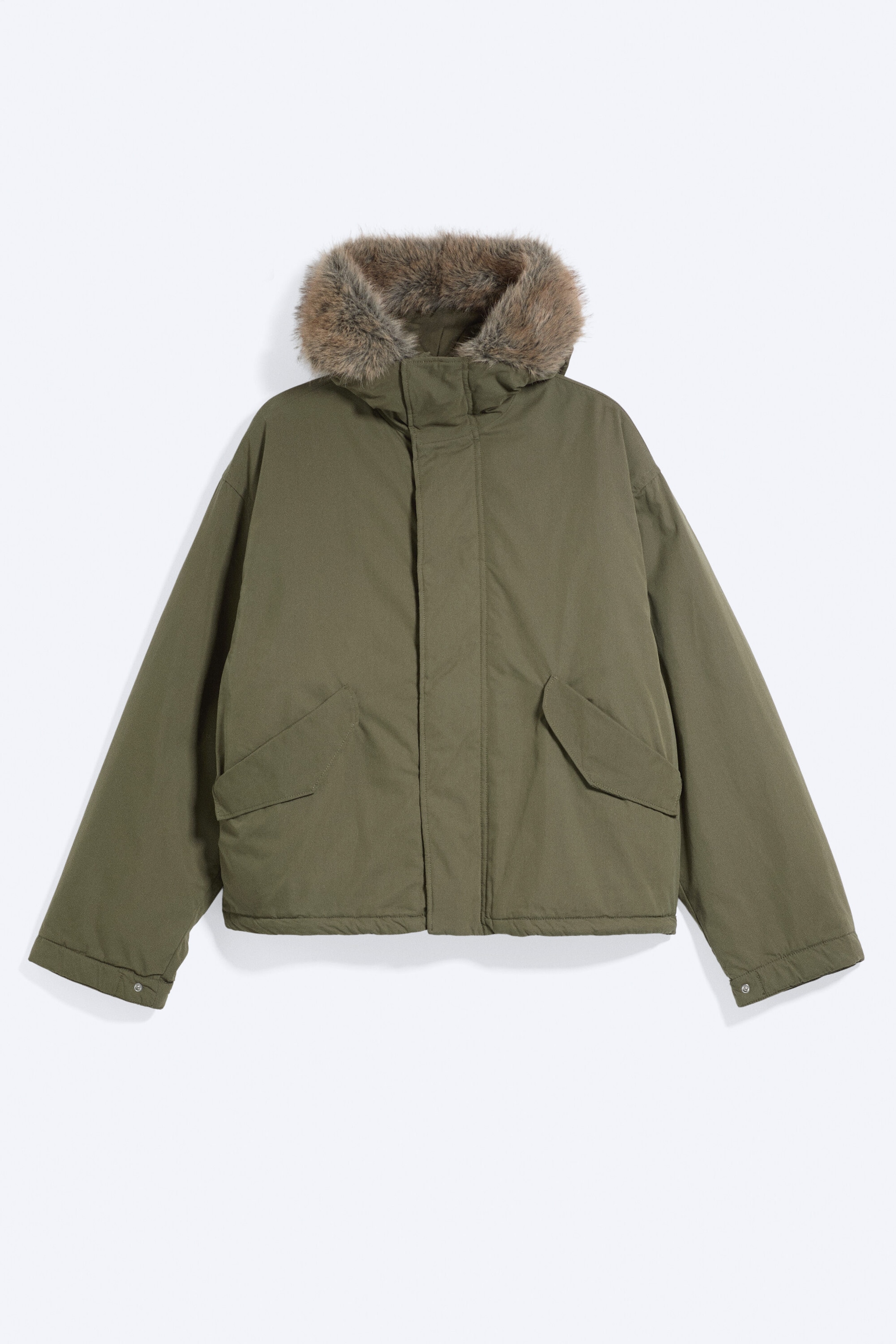 Khaki Green - Faux Fur-Trim Puffer Jacket - 1