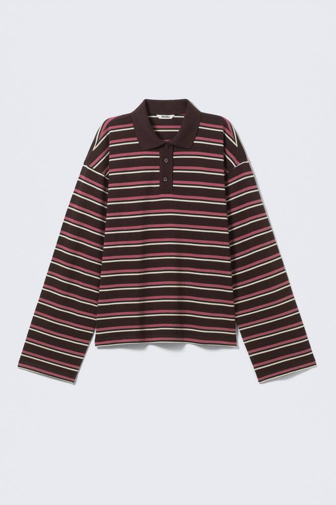 Long-Sleeved Cotton Polo Top - Dark Plum - Pink Stripes/Striped Yellow/Grey/Striped Dusty Lilac/Striped Light Pink/Striped Dark Brown/Striped Pink/Rust - 1