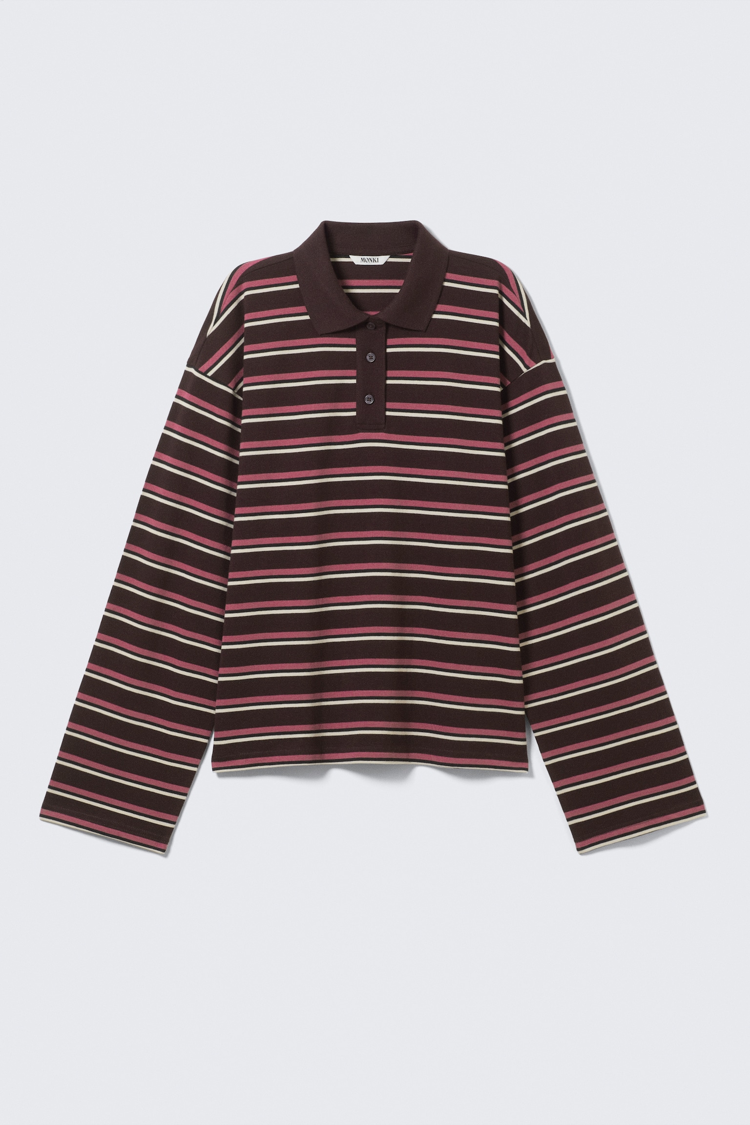 Long-Sleeved Cotton Polo Top - Dark Plum - Pink Stripes/Gestreept donkerbruin/White - Black Dots/Striped Light Pink - 2