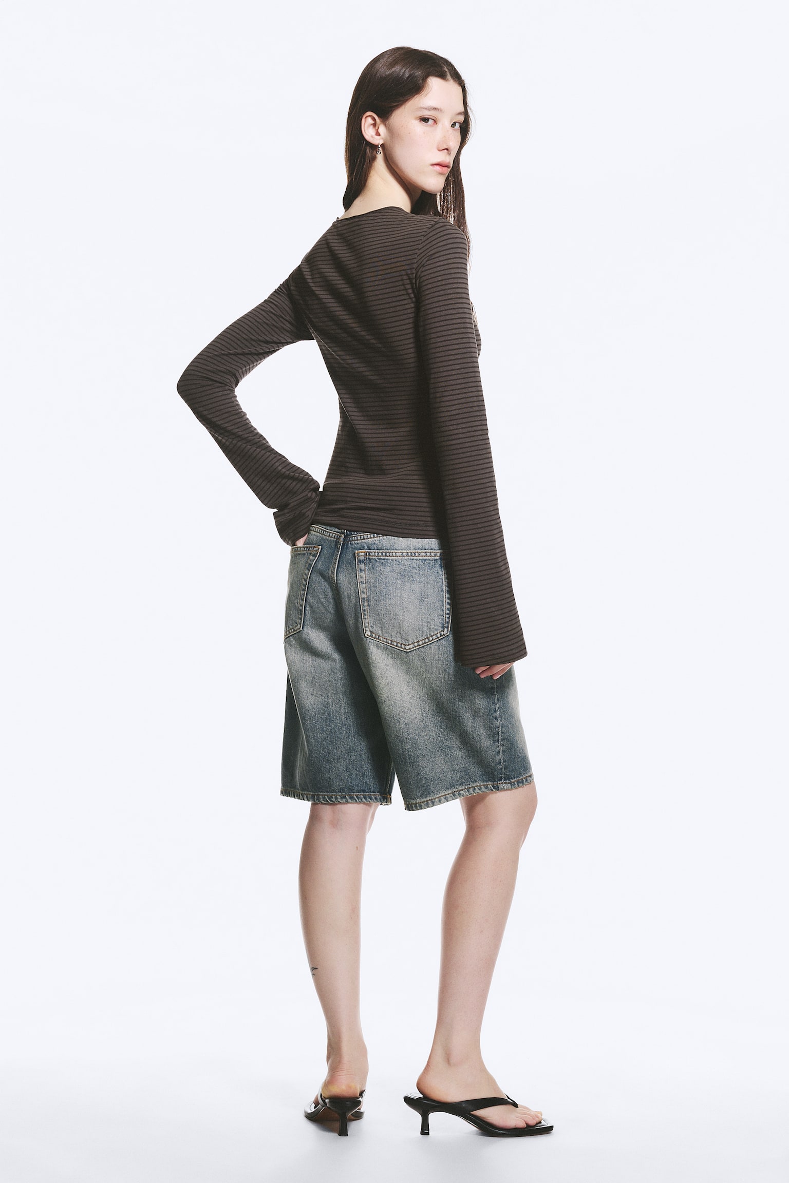 Long Sleeve Cotton Top - Тъмно Сиво Райе/Тъмночервено на райета/Черен/Черно/Dark Brown/Тъмносиньо на райета/Тъмнозелено райе - 4