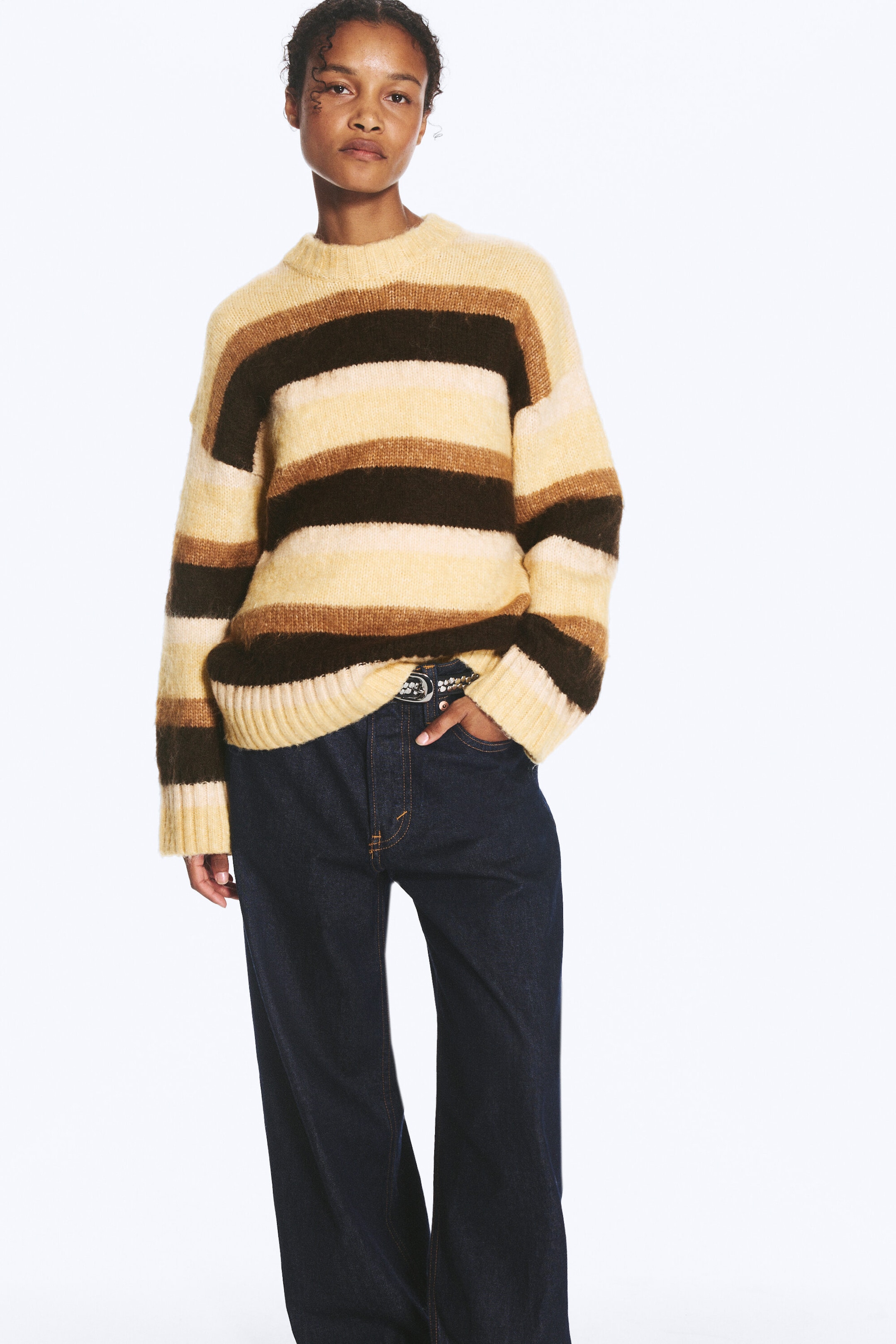 Rayures jaune fané & marron - Pull en maille duveteuse coupe décontractée - 2