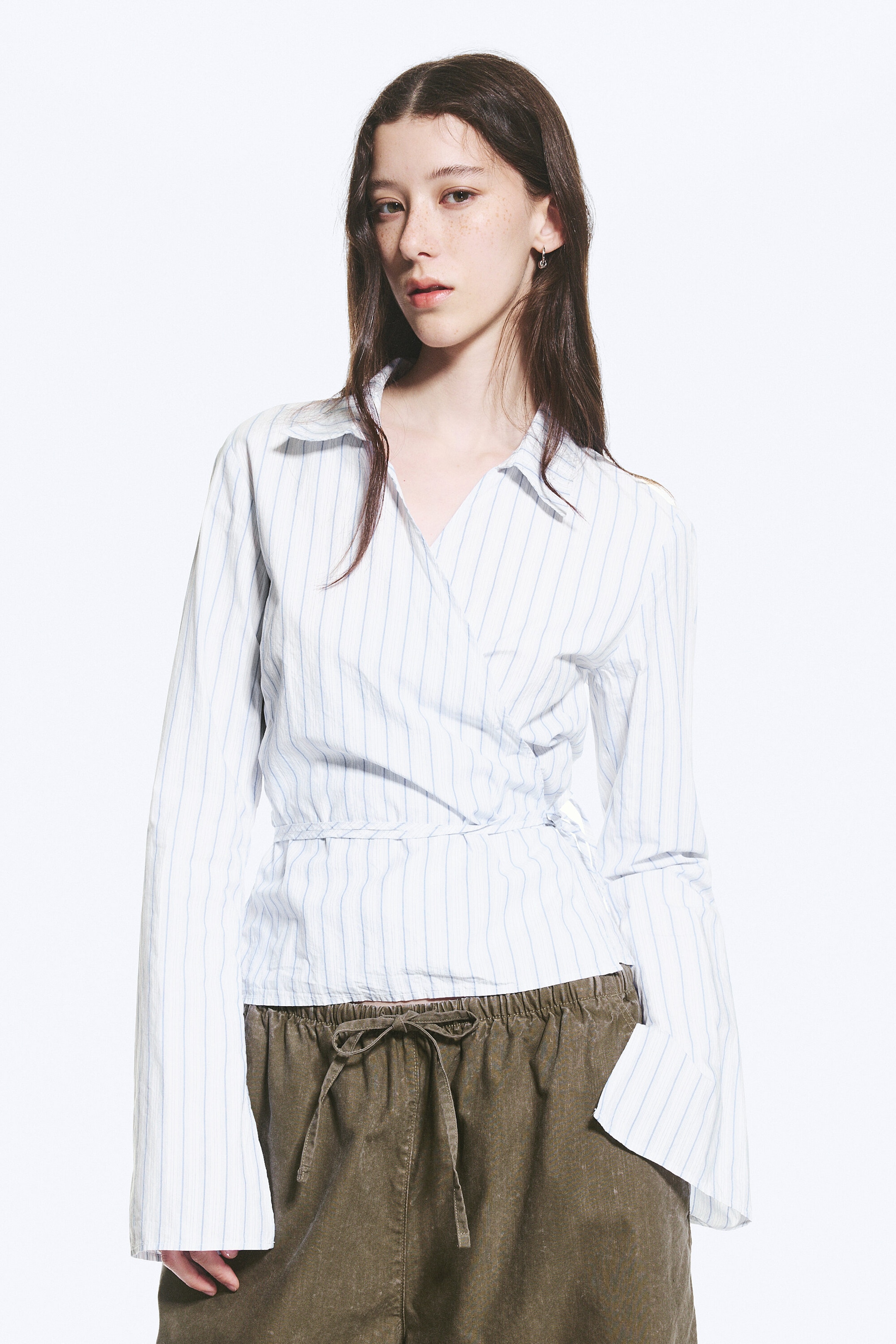 Striped Blue - Long-Sleeved Wrap Poplin Shirt - 1