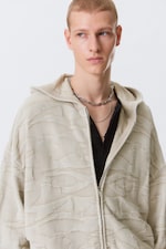 Light Patterned Beige - Boxy Textured Knit Zip Hoodie - 1