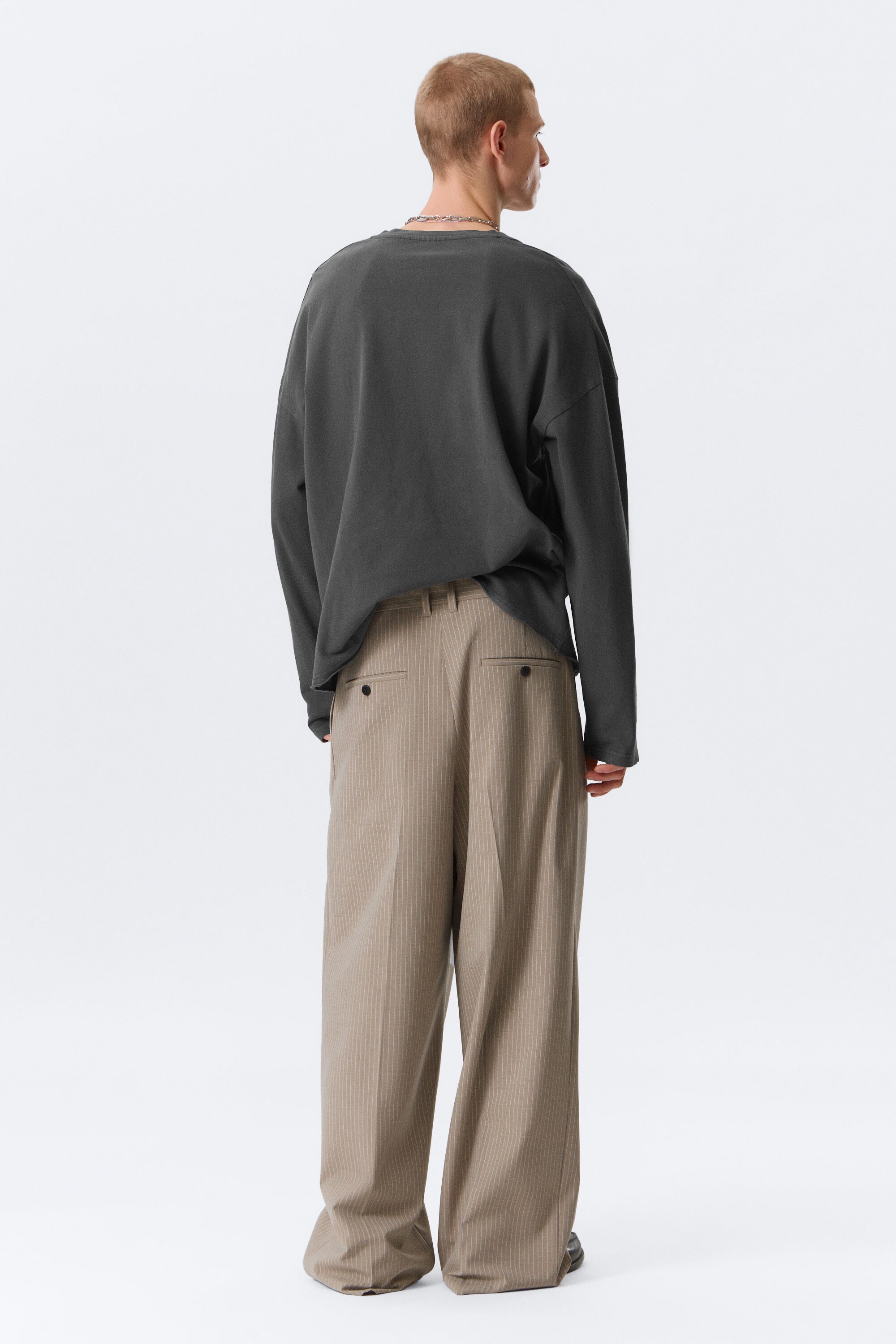 Pinstriped Beige Melange - Nate Loose Fit Pleated Suit Trousers - 3