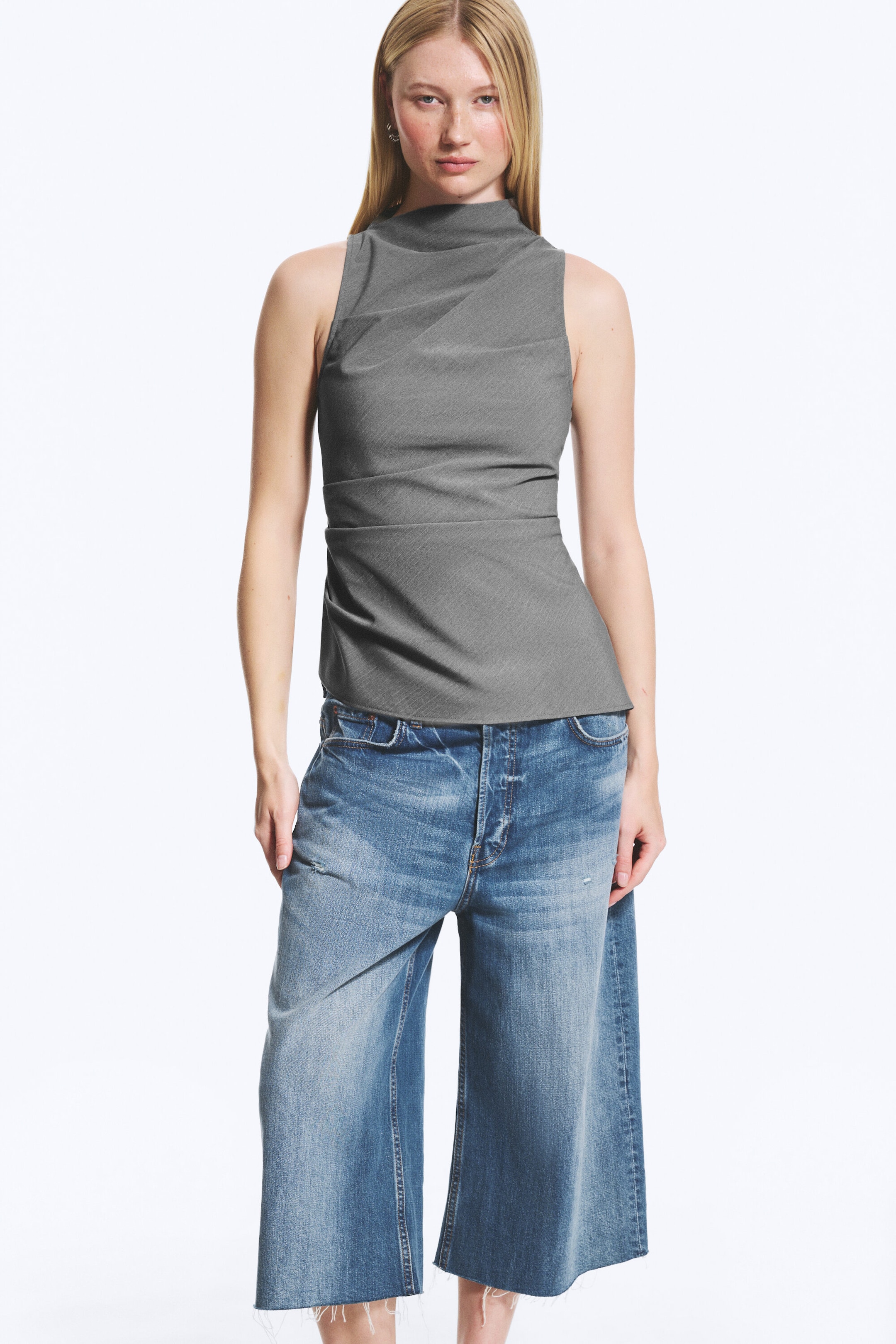 Dusty Grey Pinstripe - Asymmetric Sleeveless Suiting Top - 1