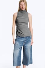 Dusty Grey Pinstripe - Asymmetric Sleeveless Suiting Top - 0