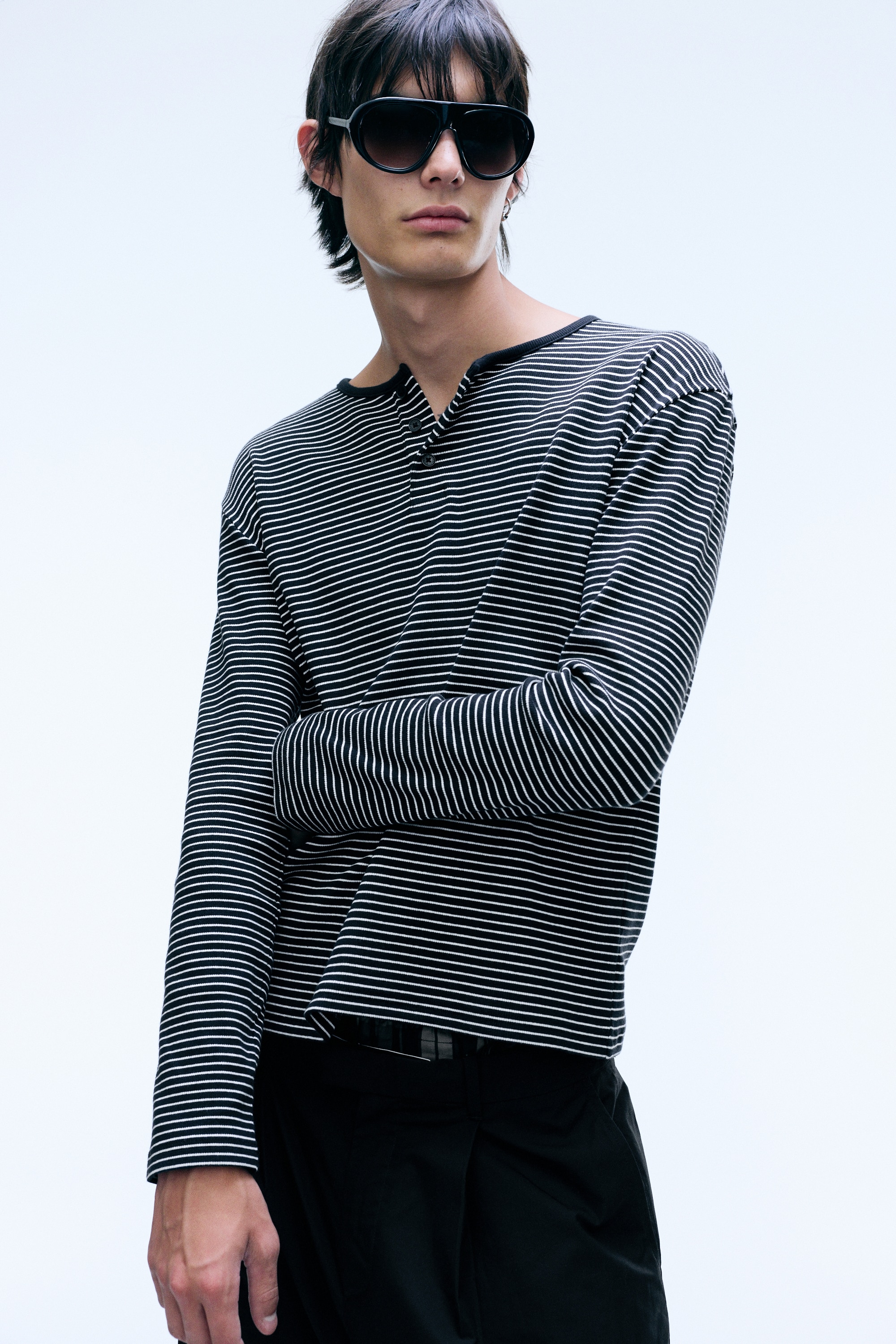 Katoenen henley met lange mouwen - Zwart met strepen/Zwart/Poederwit