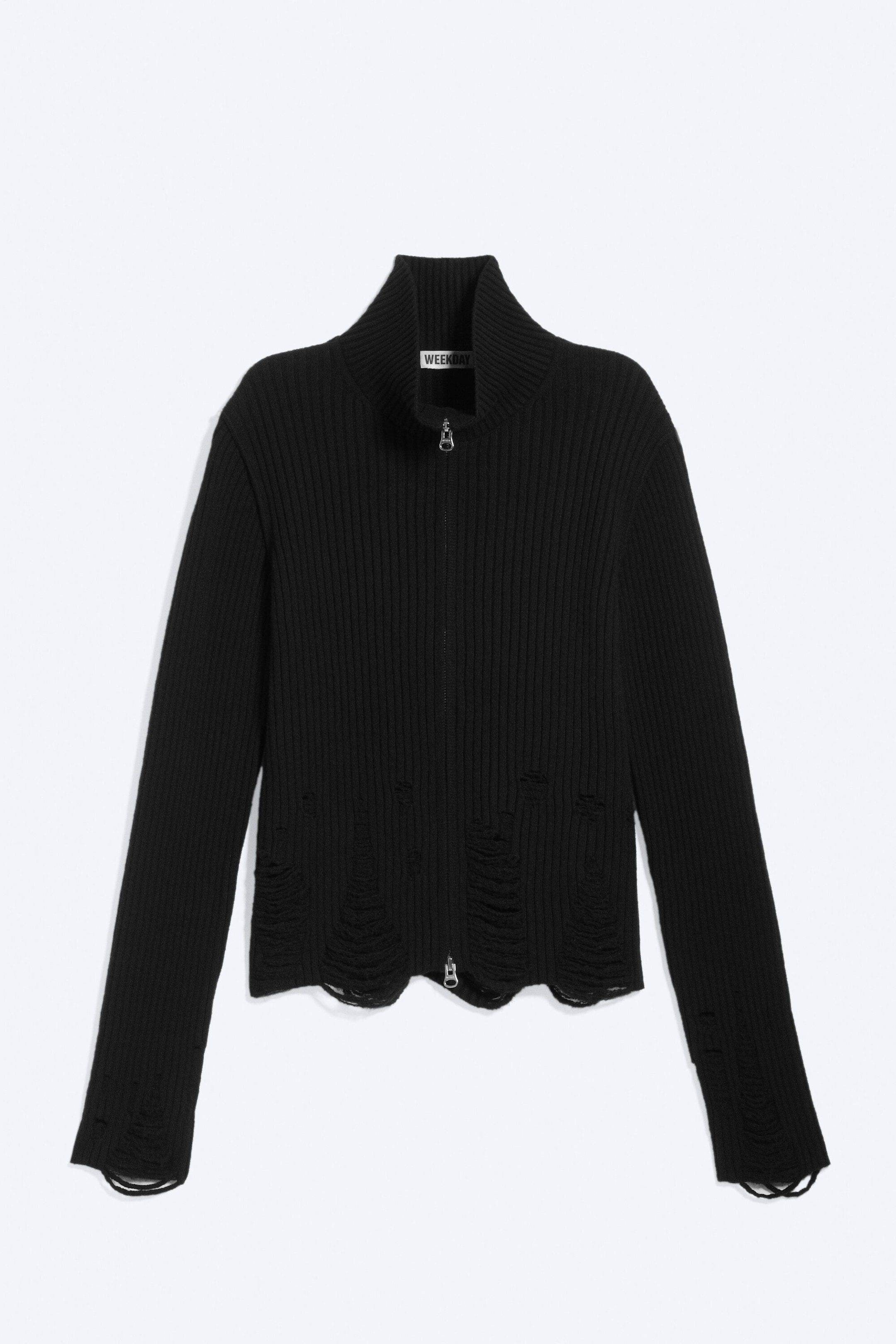 Schwarz - Cardigan mit Used-Details und Zwei-Wege-Zipper - 1